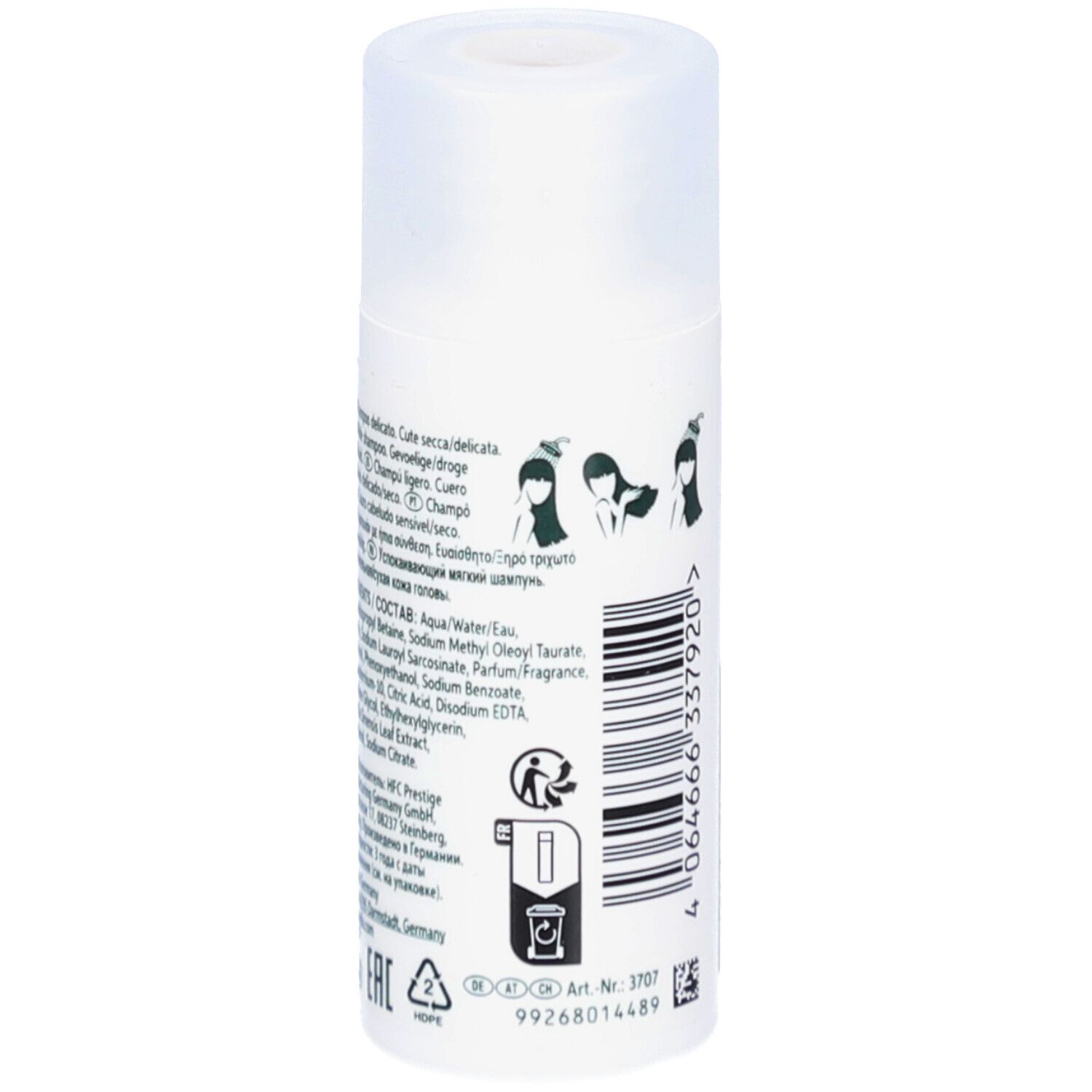 Dos du flacon blanc. Informations produit, ingrédients, logos et code-barres. Bouchon transparent.