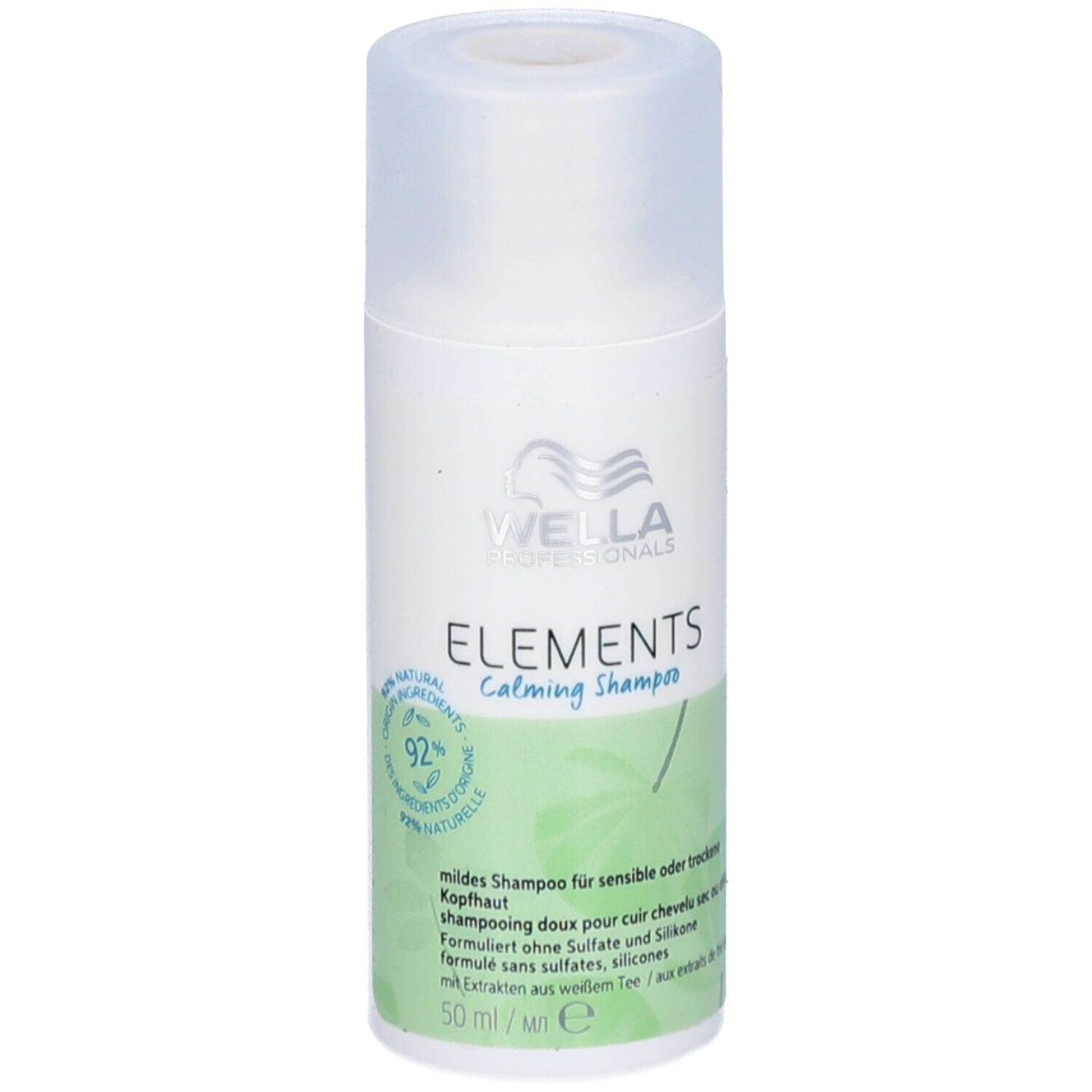Flacon blanc Wella Professionals Elements Shampooing apaisant. Inscription verte, bouchon transparent. 92% ingrédients naturels.