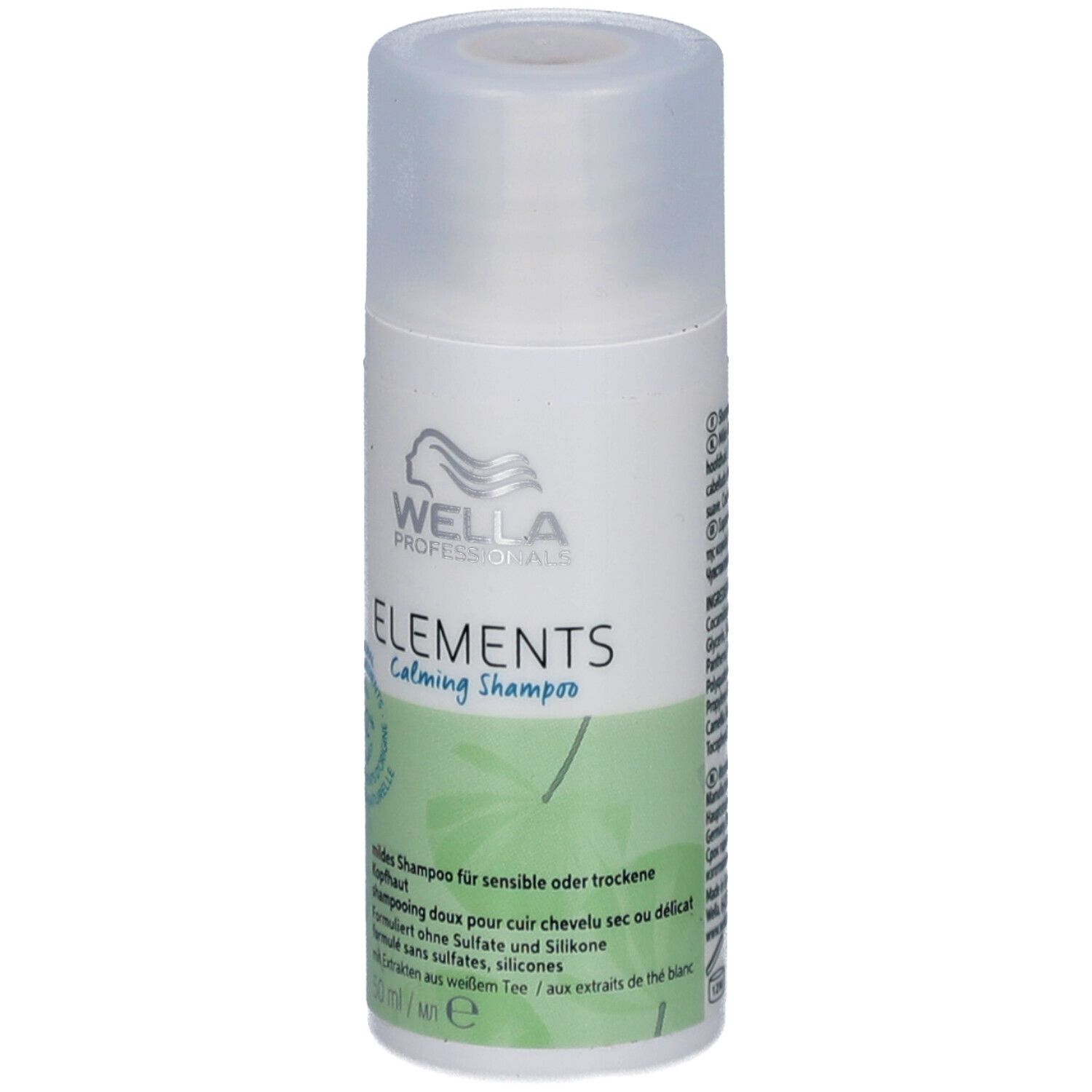 Flacon blanc Wella Professionals Elements Shampooing apaisant. Inscription verte, bouchon transparent. 92% ingrédients naturels.