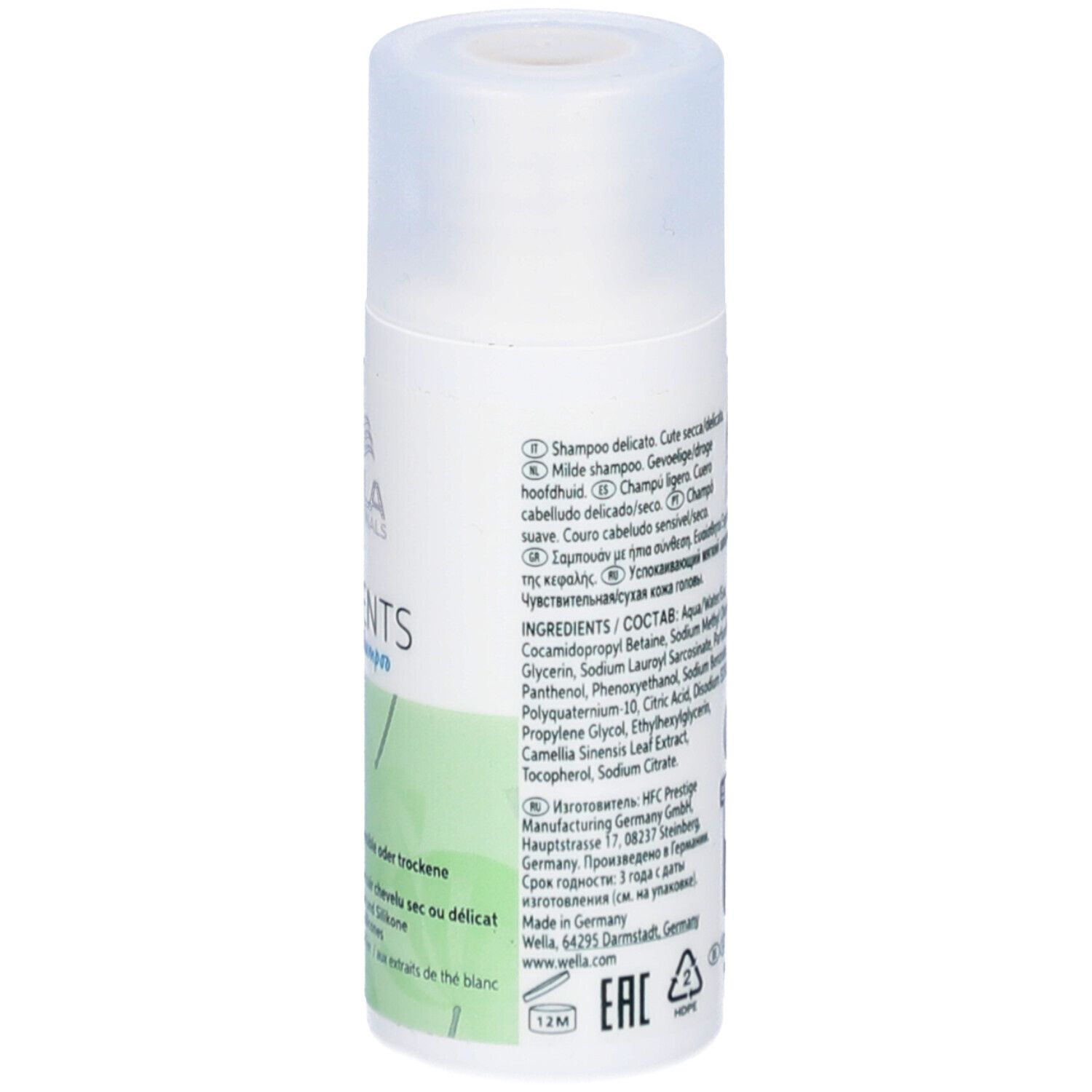 Dos du flacon blanc. Informations produit, ingrédients, logos et code-barres. Bouchon transparent.