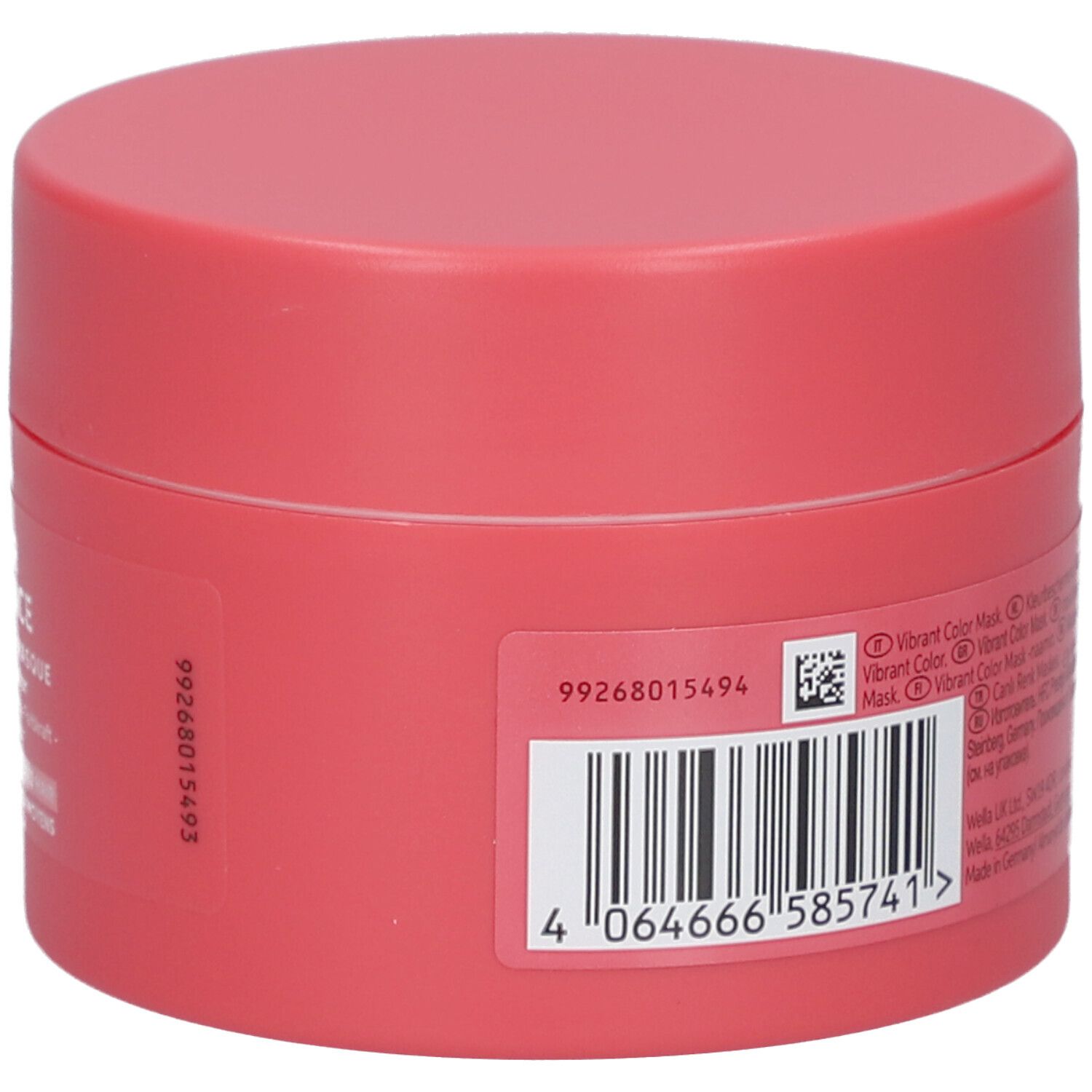 Pot rose avec inscriptions et code-barres. Inscription : Vibrant Color Mask. Avec code-barres.