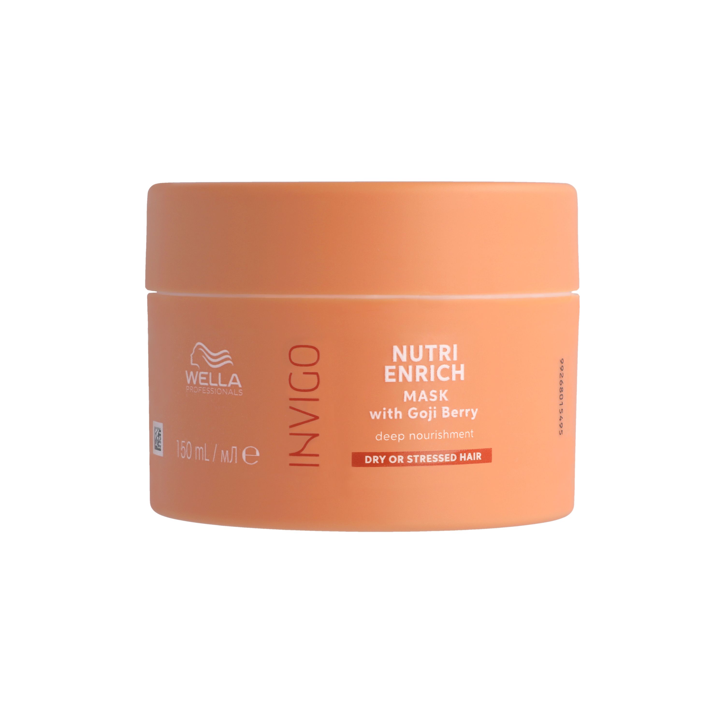 Pot rond orange. Inscription : Invigo Nutri Enrich Mask avec baie de Goji. Pour cheveux secs ou fragilisés.