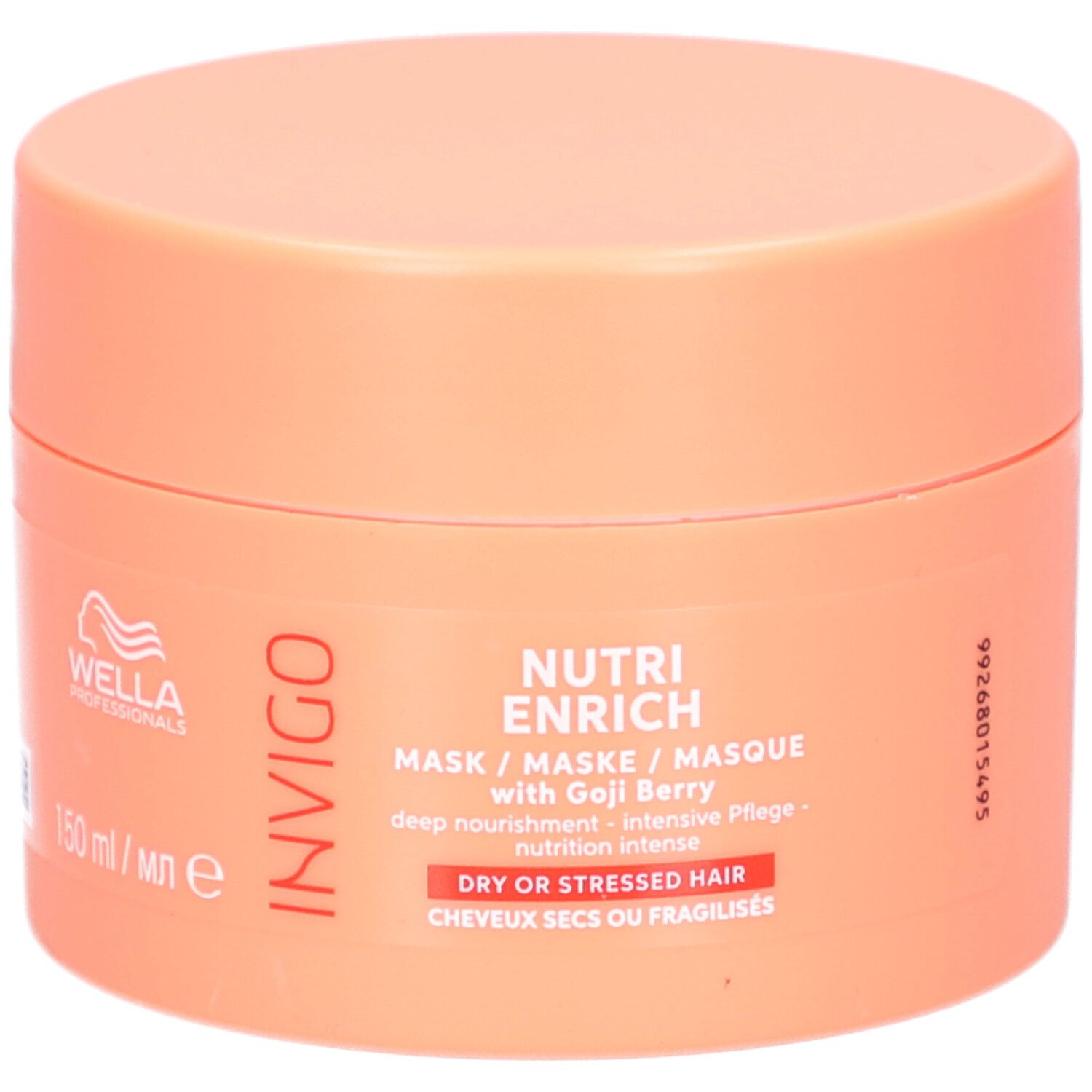 Pot rond orange. Inscription : Invigo Nutri Enrich Mask avec baie de Goji. Pour cheveux secs ou fragilisés.