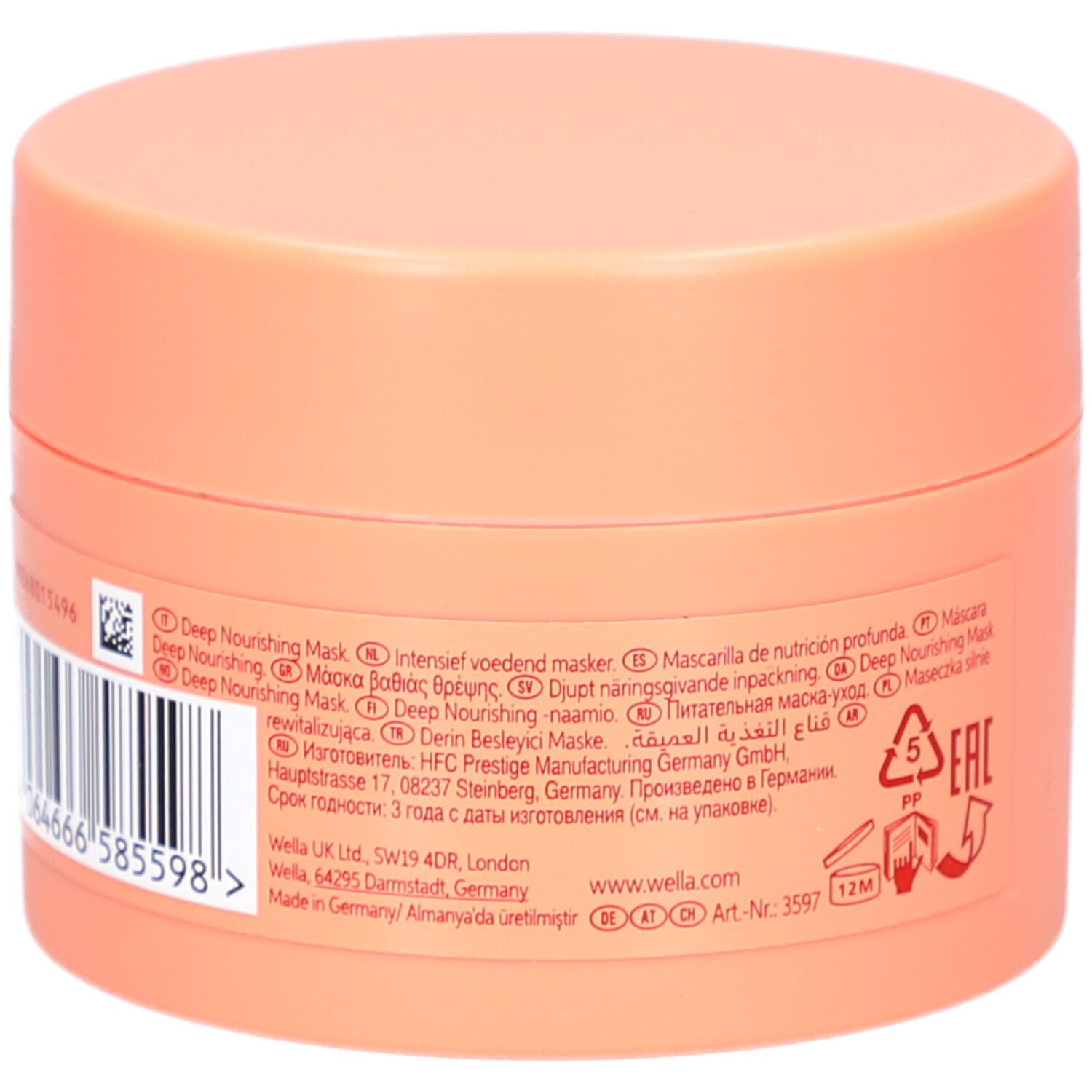 Pot rond orange. Dos avec texte. Contient des informations sur les ingrédients et le fabricant.