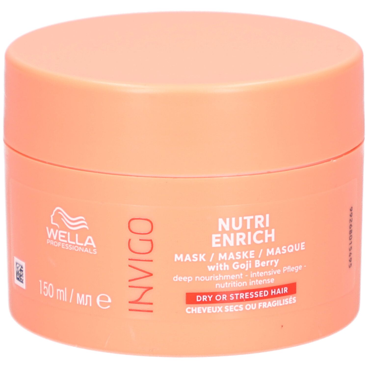 Pot rond orange. Inscription : Invigo Nutri Enrich Mask avec baie de Goji. Pour cheveux secs ou fragilisés.