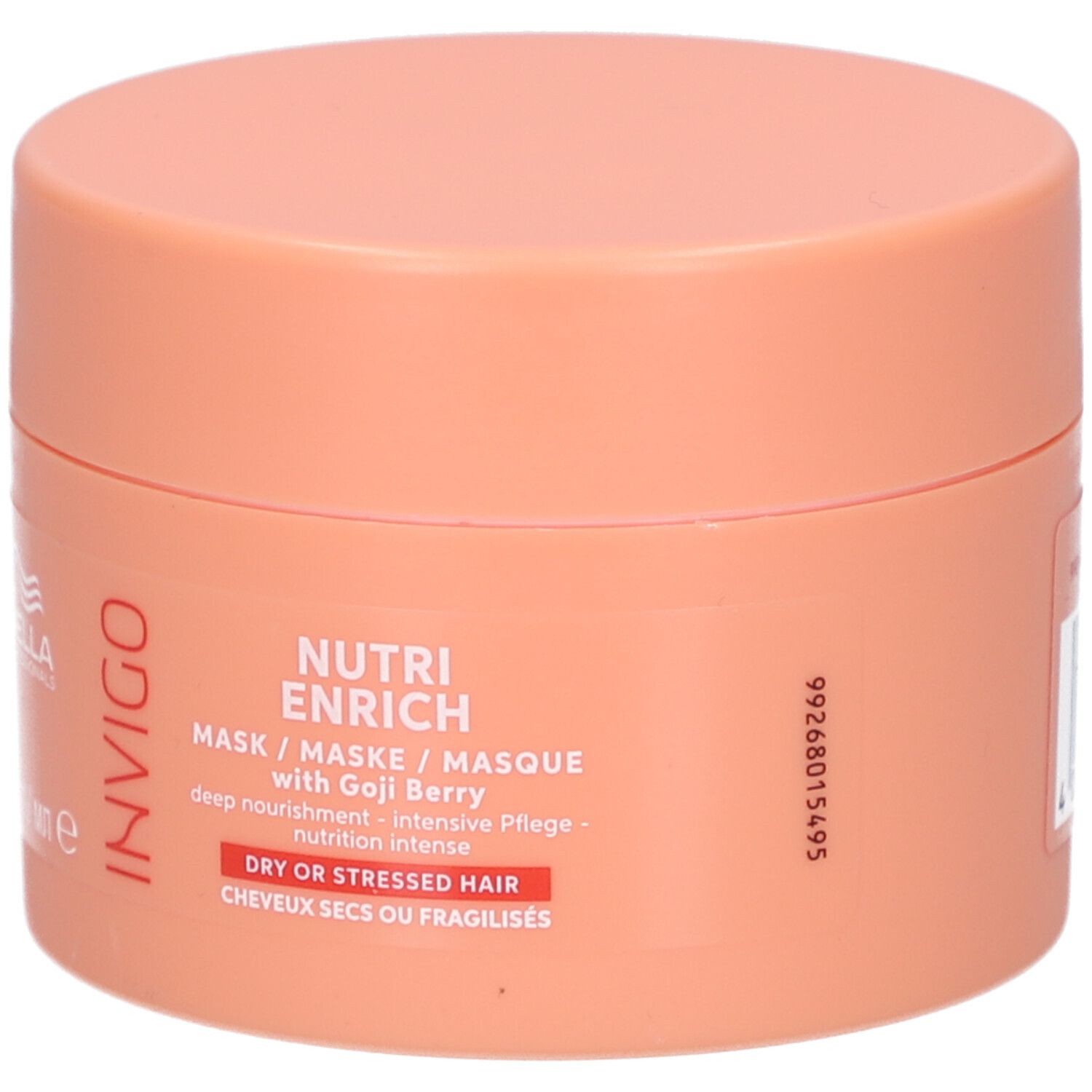 Pot rond orange. Inscription : Nutri Enrich Mask avec baie de Goji. Pour cheveux secs ou fragilisés.