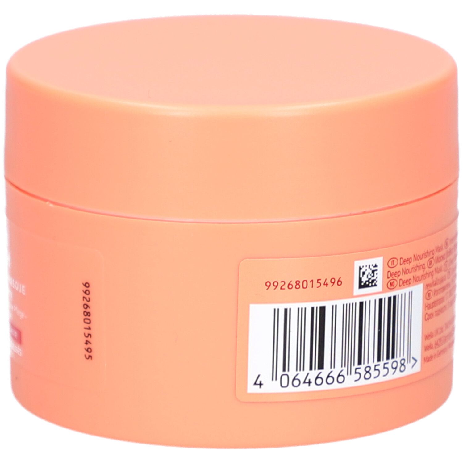 Pot rond orange. Dos avec texte et code-barres. Contient des informations sur le produit.