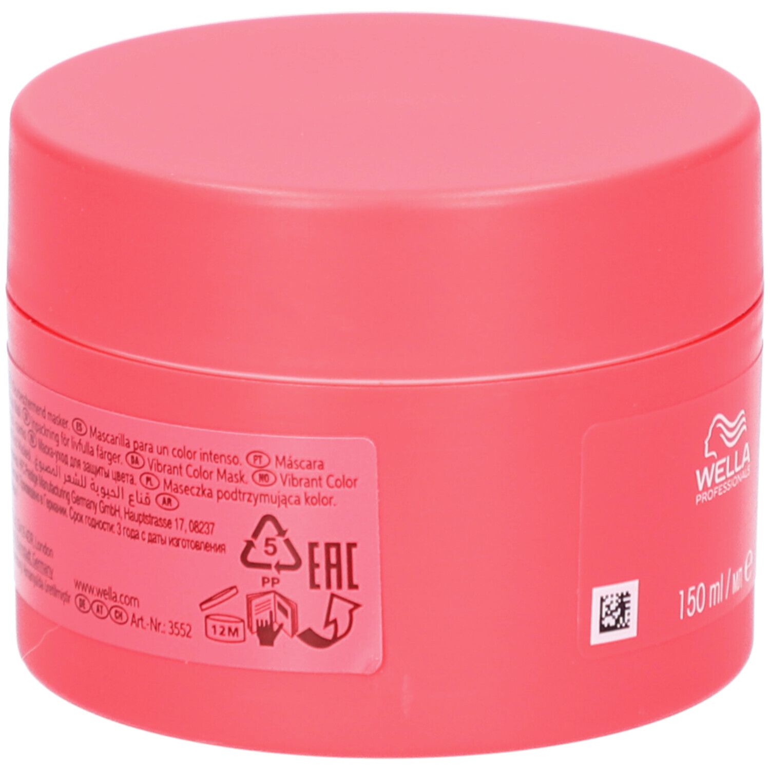 Pot rouge, dos. Texte : Vibrant Color Mask. Informations sur les ingrédients et le fabricant. 150 ml.