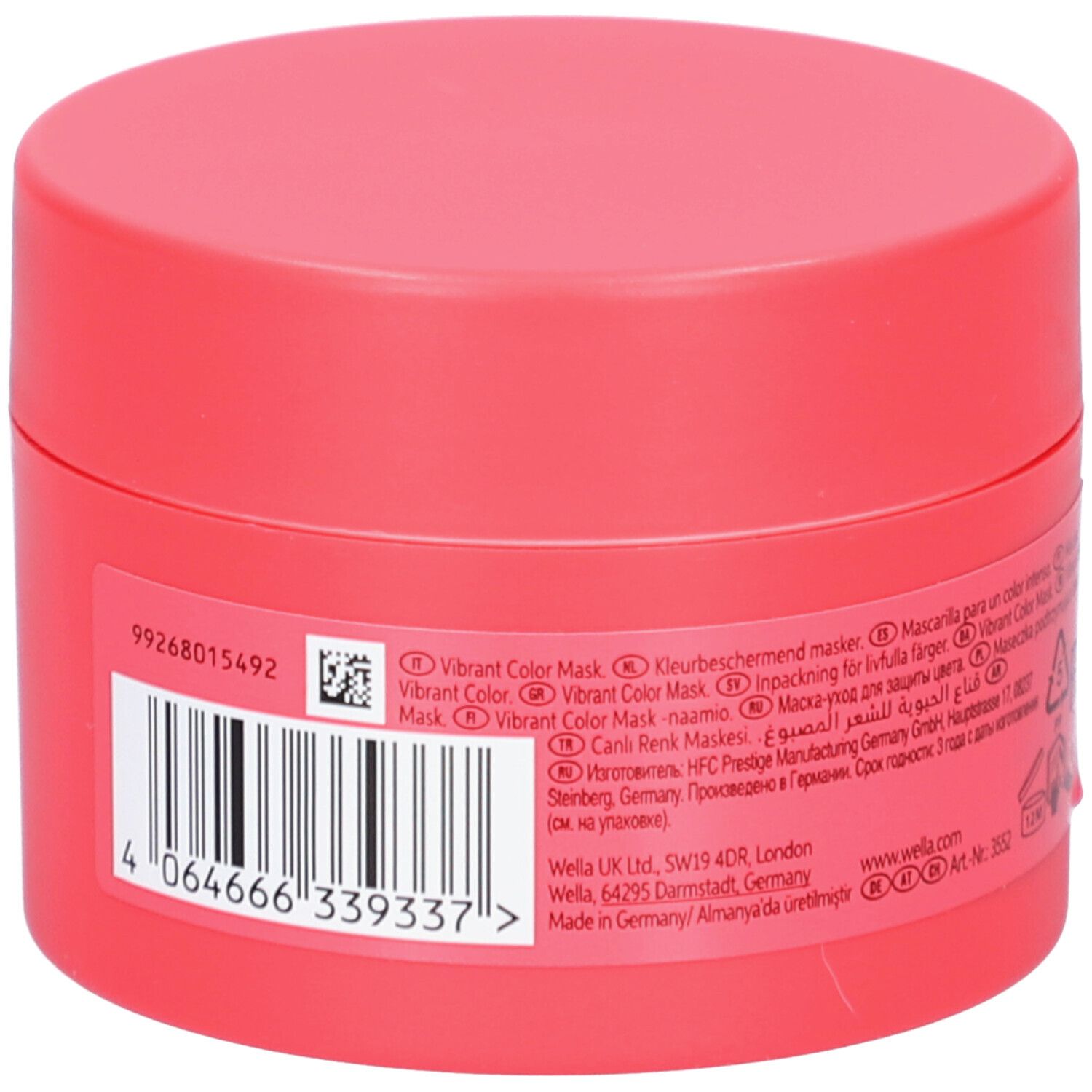 Pot rouge, dos. Texte : Vibrant Color Mask. Informations sur les ingrédients et le fabricant. Code-barres.