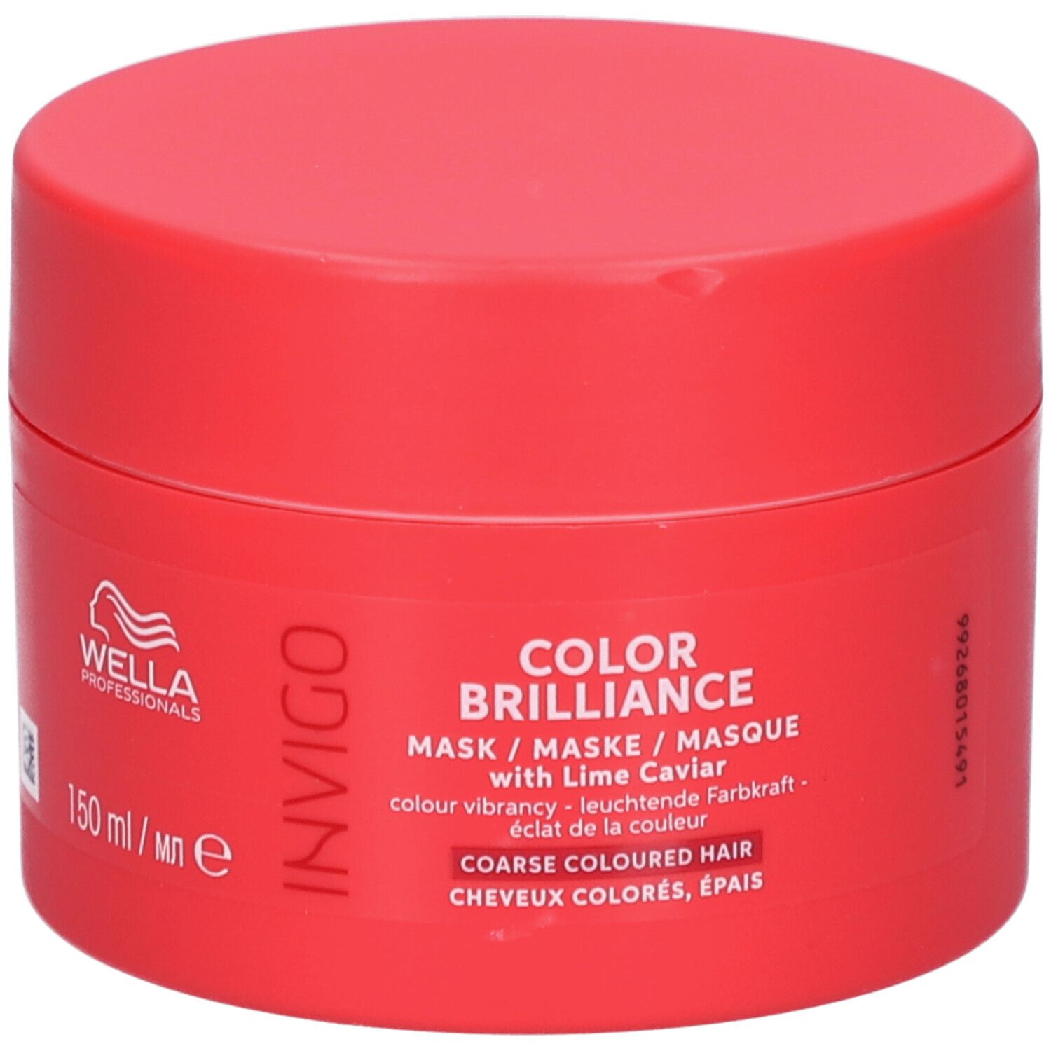 Pot rond rouge. Inscription : INVIGO, COLOR BRILLIANCE, masque au caviar de citron vert. Pour cheveux colorés épais.