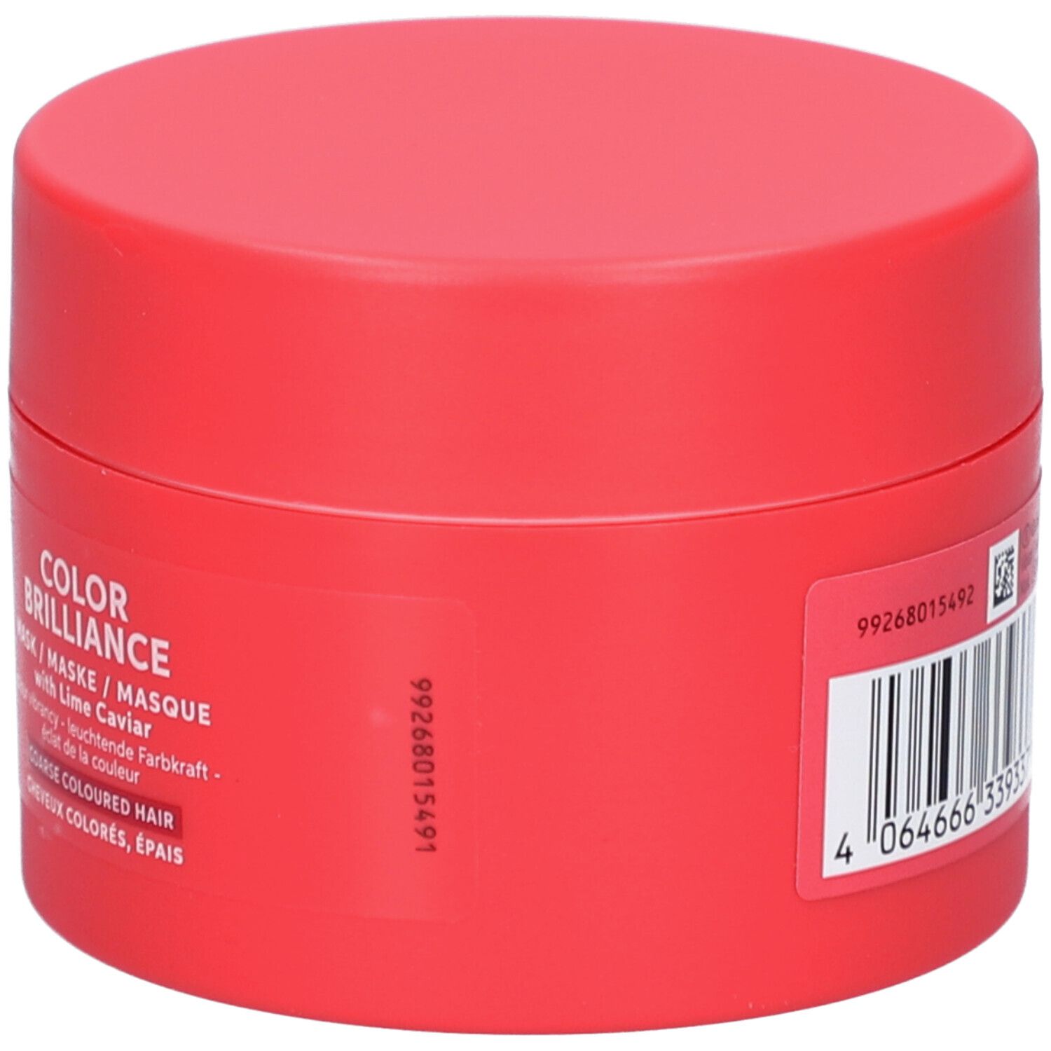 Pot rond rouge. Inscription : INVIGO, COLOR BRILLIANCE, masque au caviar de citron vert. Pour cheveux colorés épais.
