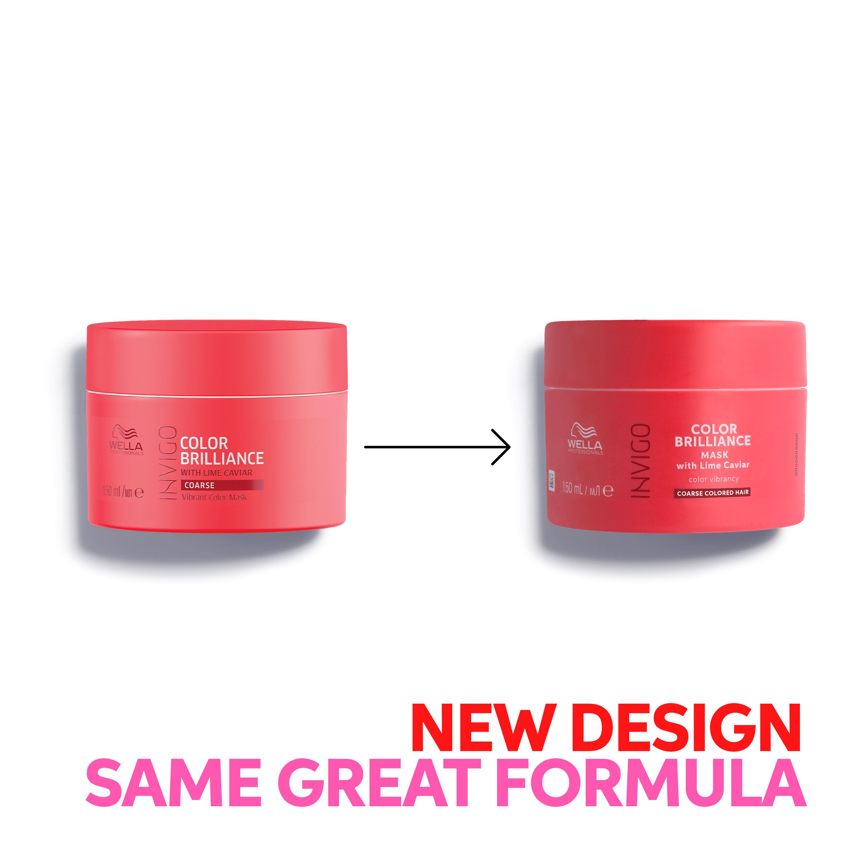 Comparaison : ancien et nouvel emballage du masque capillaire. Pot rouge avec texte : COLOR BRILLIANCE.