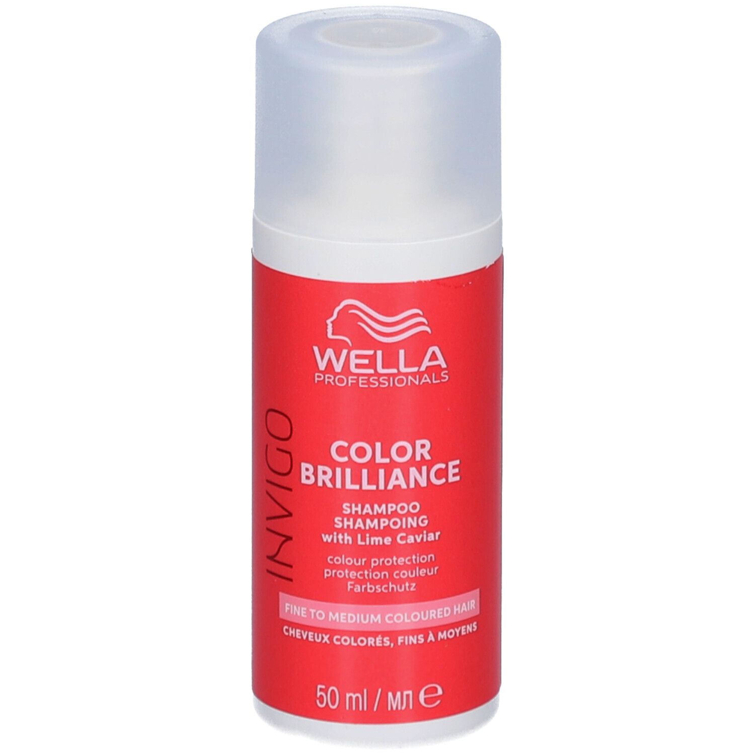 Flacon de shampooing rouge avec bouchon blanc. Inscription: Wella Professionals Invigo Color Brilliance. Pour cheveux colorés et fins.