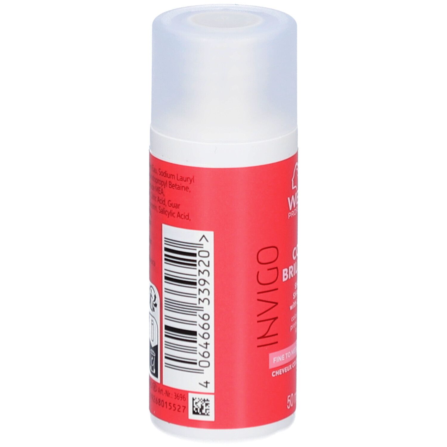 Flacon de shampooing rouge avec bouchon blanc. Dos avec ingrédients et code-barres. Marque: Wella Professionals Invigo.