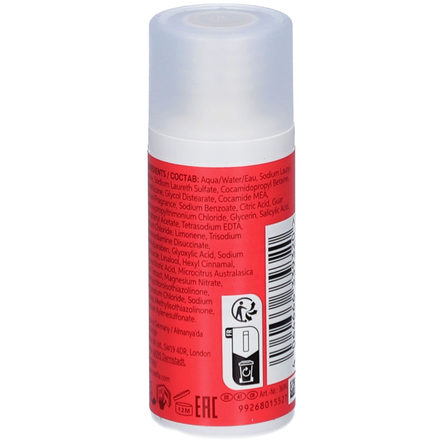 Flacon de shampooing rouge avec bouchon blanc. Dos avec ingrédients. Marque: Wella Professionals Invigo.