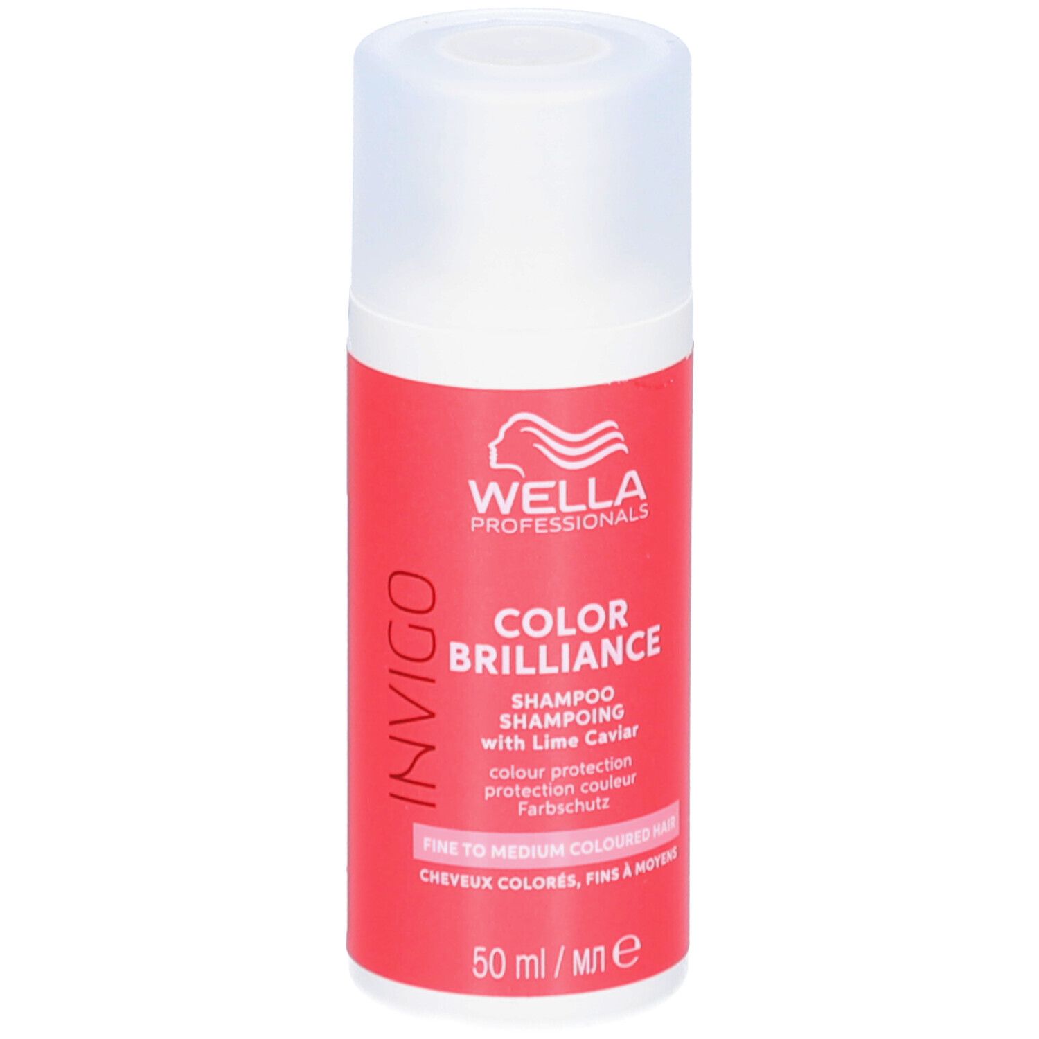 Flacon de shampooing rouge avec bouchon blanc. Inscription: Wella Professionals Invigo Color Brilliance. Pour cheveux colorés et fins.