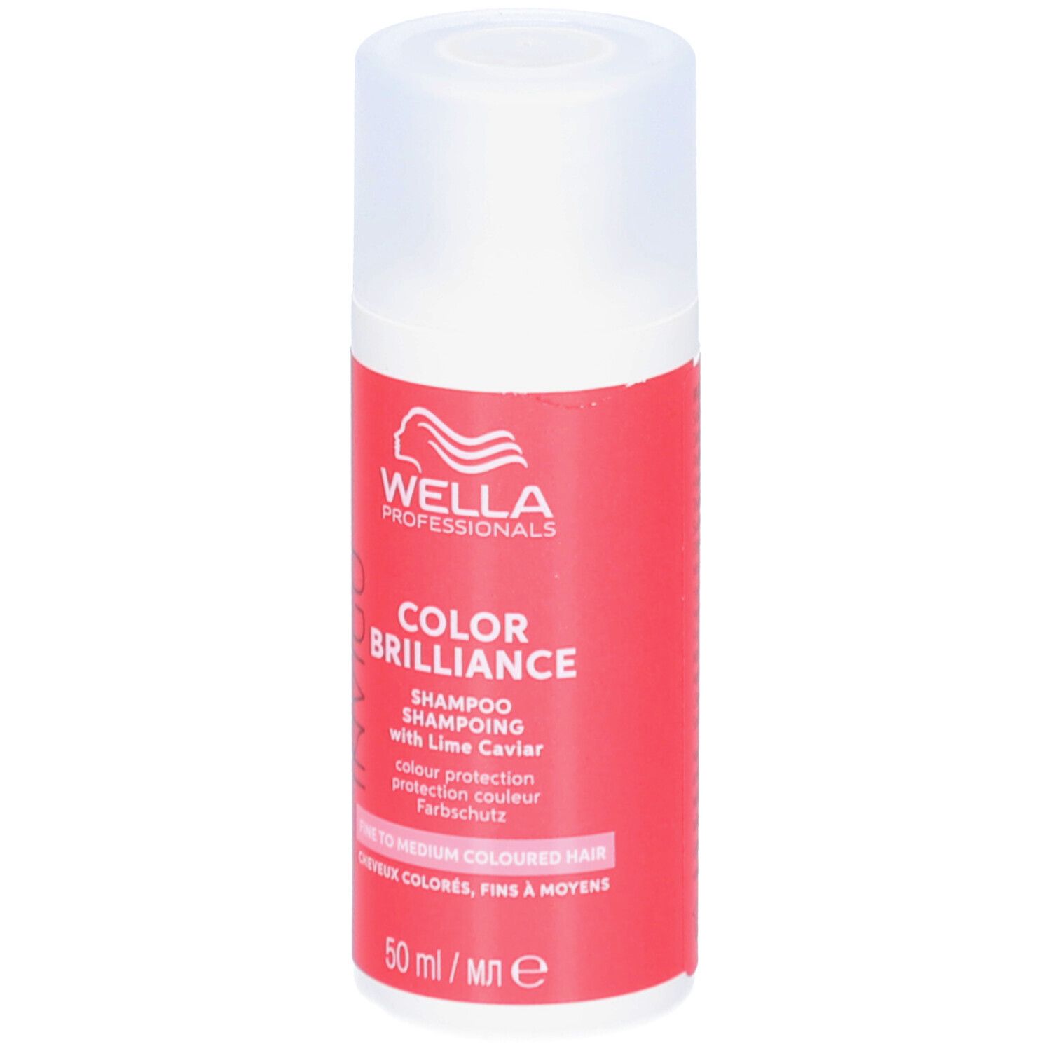 Flacon de shampooing rouge avec bouchon blanc. Inscription: Wella Professionals Color Brilliance. Pour cheveux colorés et fins.