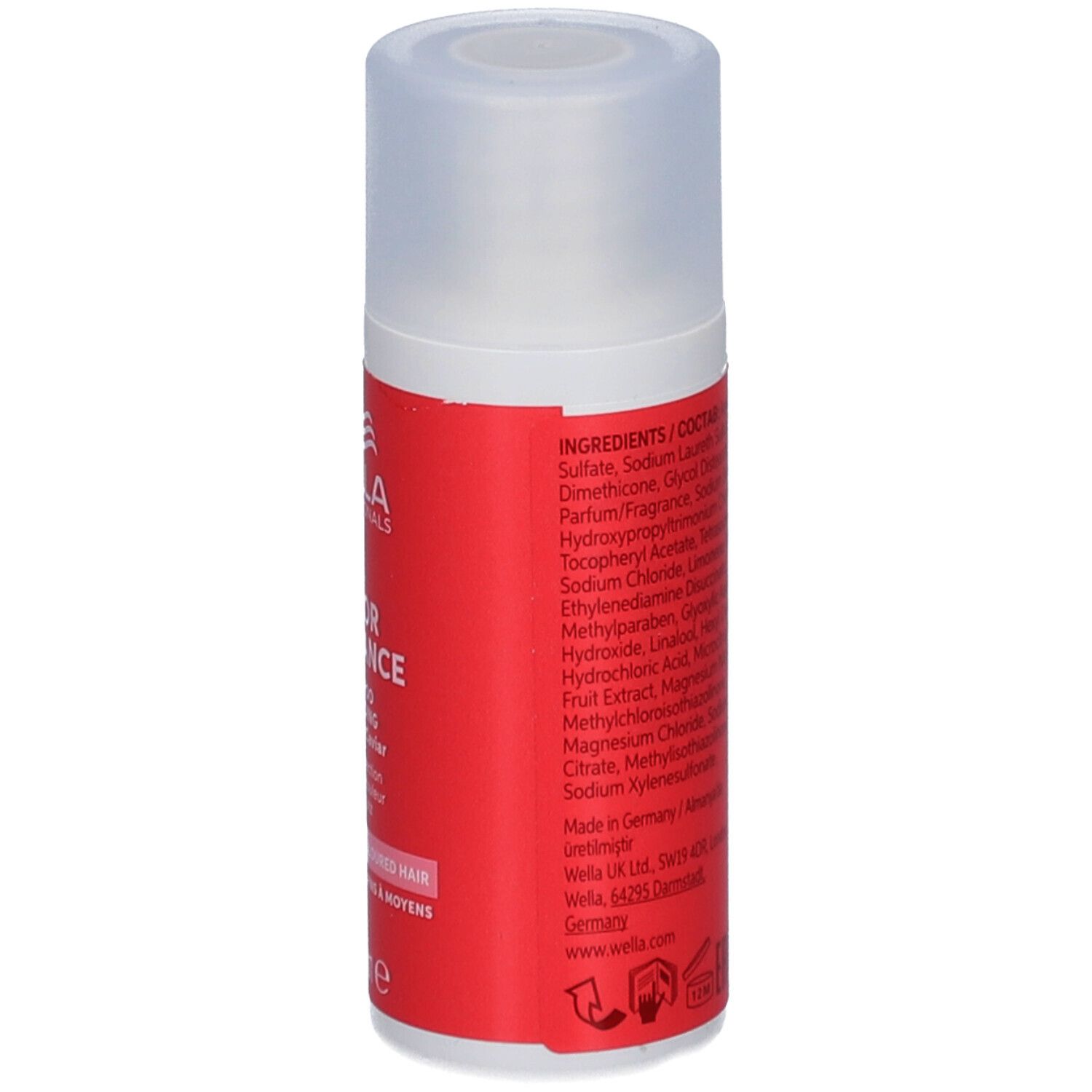 Flacon de shampooing rouge avec bouchon blanc. Dos avec ingrédients. Marque: Wella Professionals Invigo.