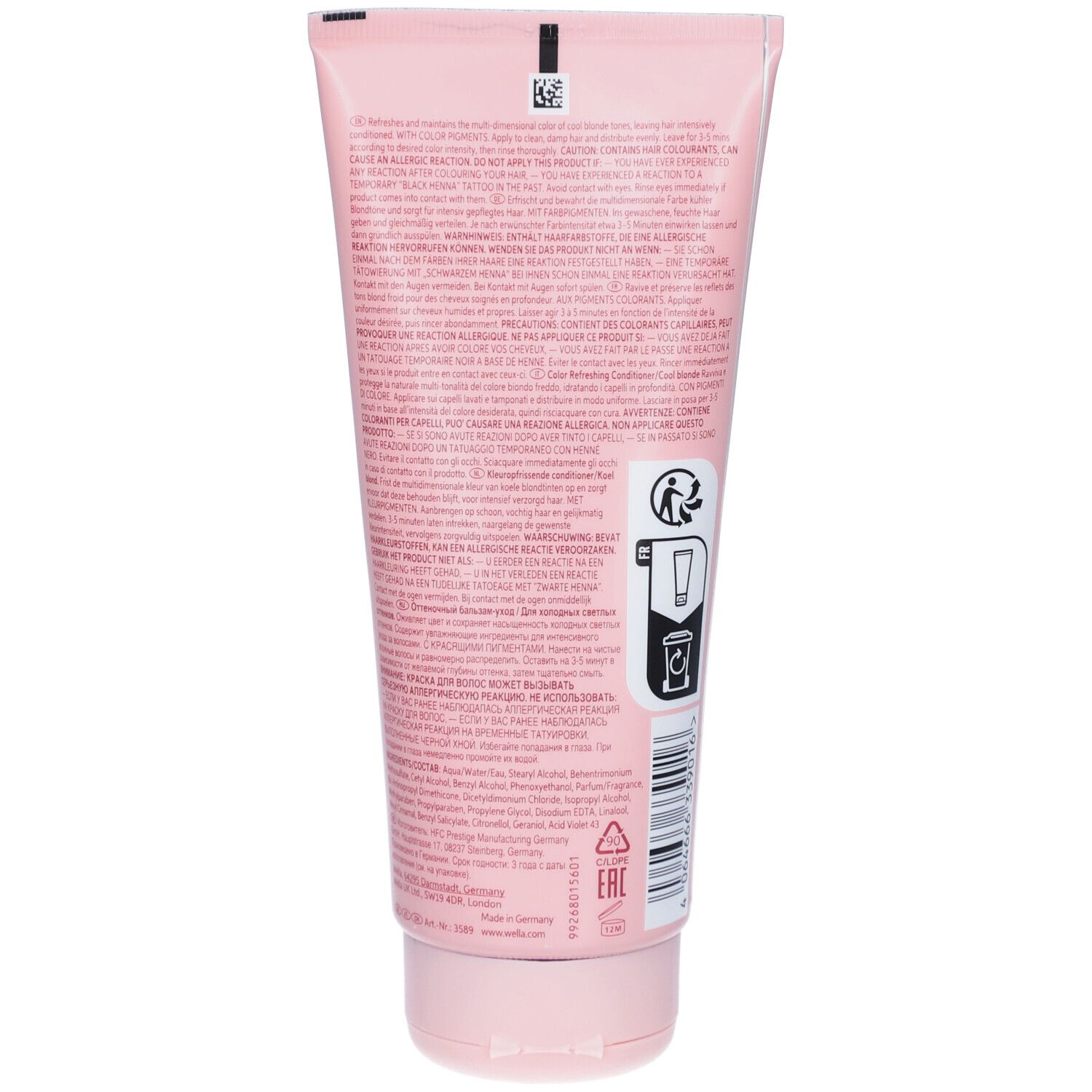 Dos d'un tube rose. Texte et symboles. Wella Invigo Blonde Recharge Conditioner. Ingrédients, avertissements, fabricant.