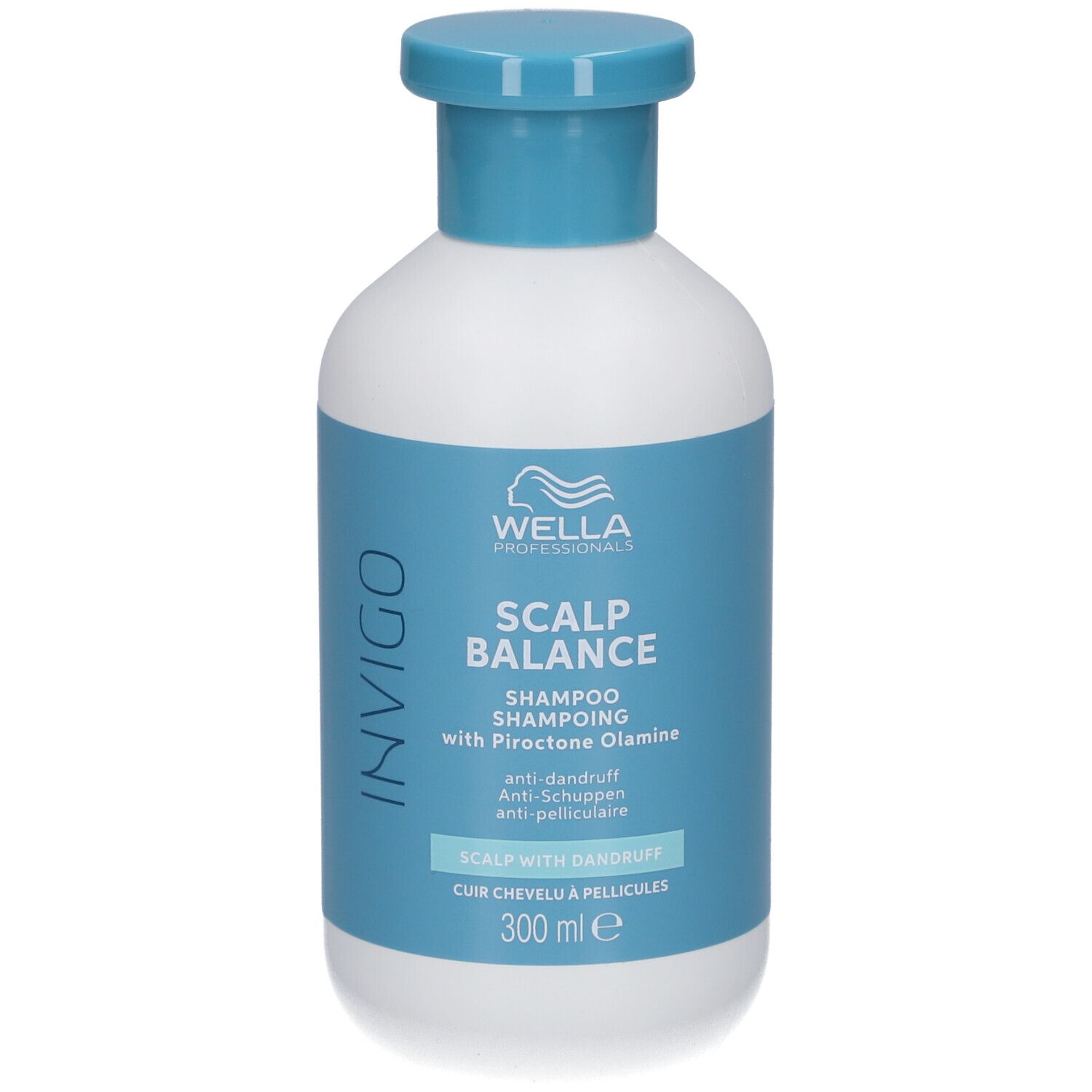 Flacon blanc avec bouchon et étiquette bleus. Inscription : INVIGO, SCALP BALANCE, Shampooing, 300 ml.