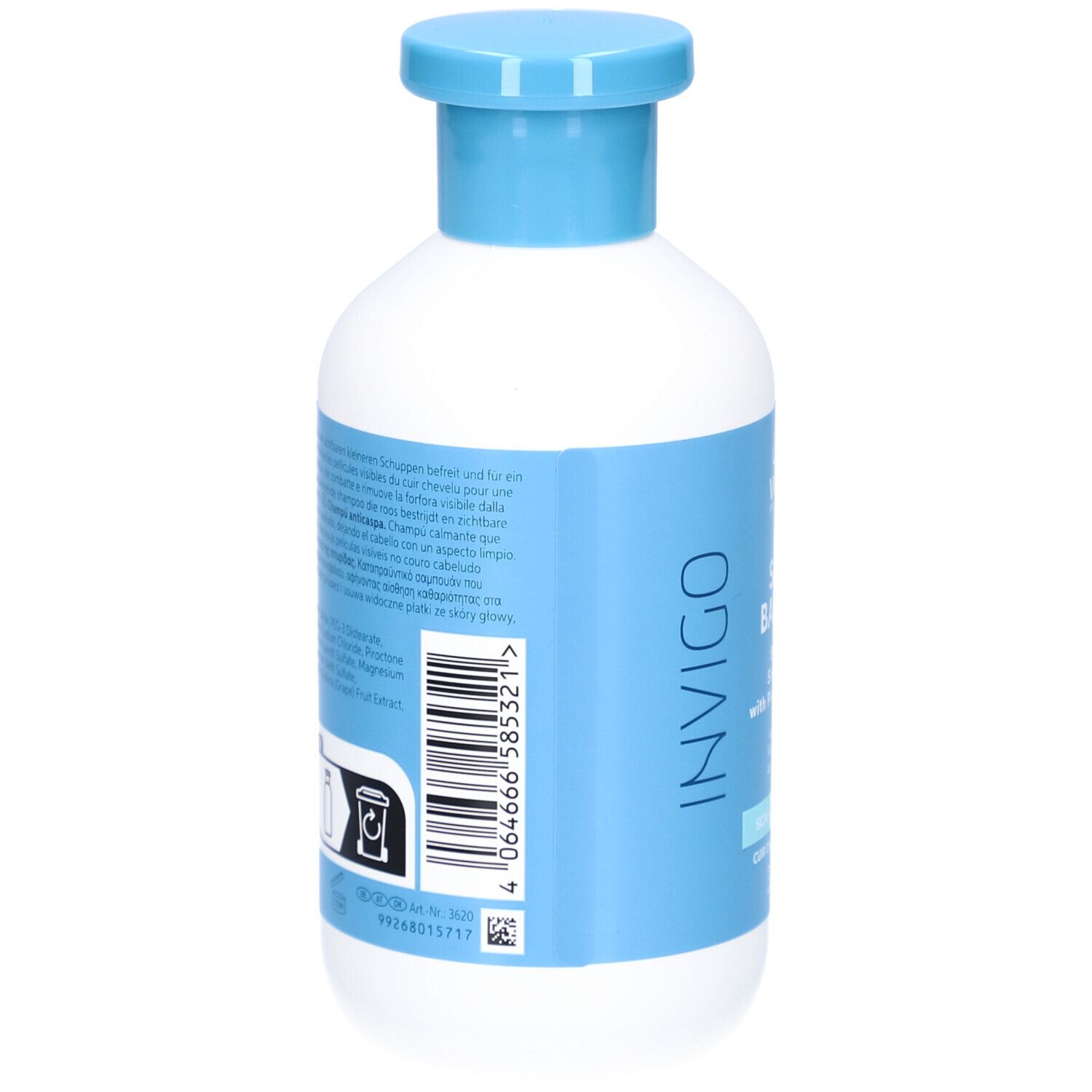 Dos d'un flacon blanc avec bouchon bleu. Code-barres et texte. Inscription : INVIGO, SCALP BALANCE.