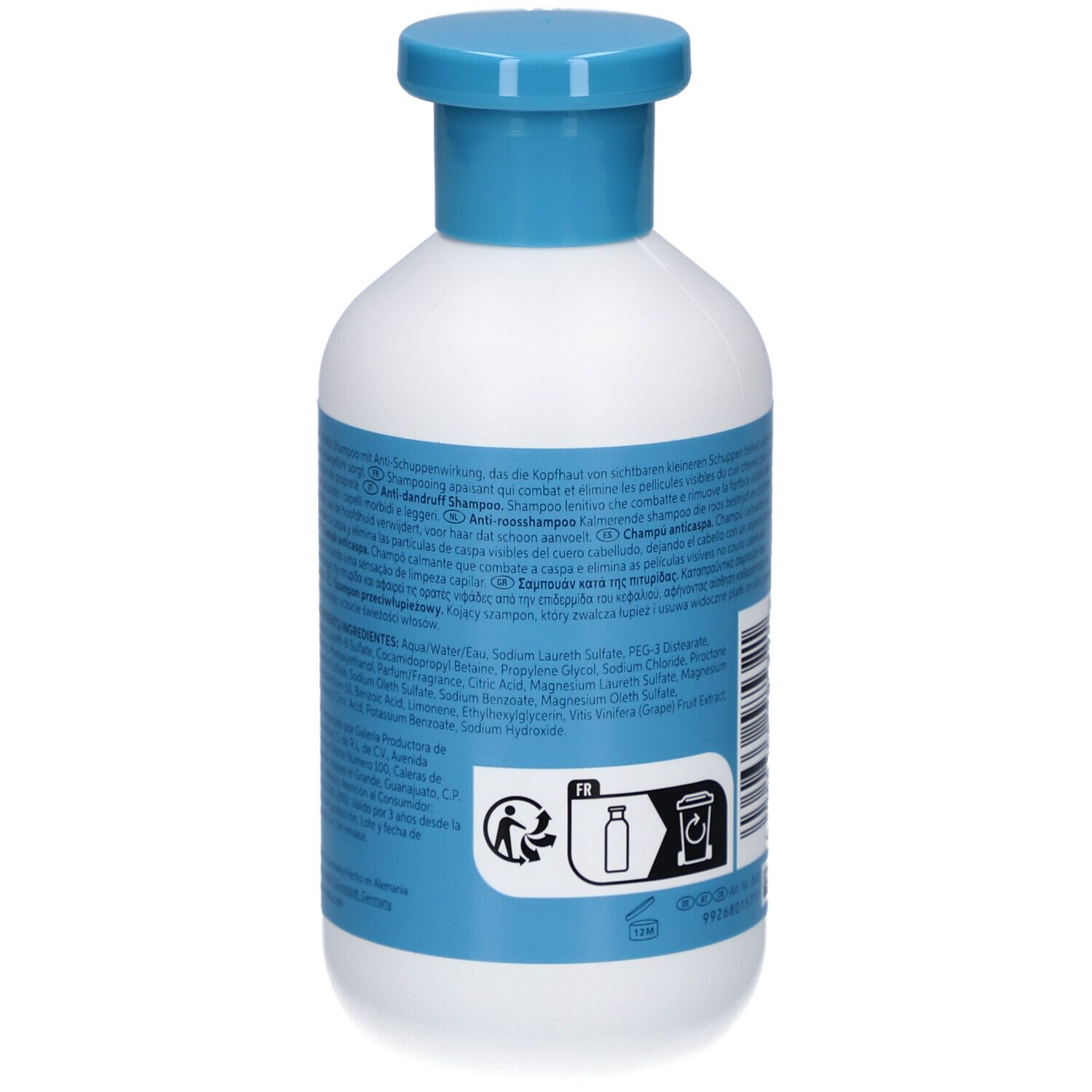 Dos d'un flacon blanc avec bouchon bleu. Texte et pictogrammes. Inscription : INVIGO, SCALP BALANCE.