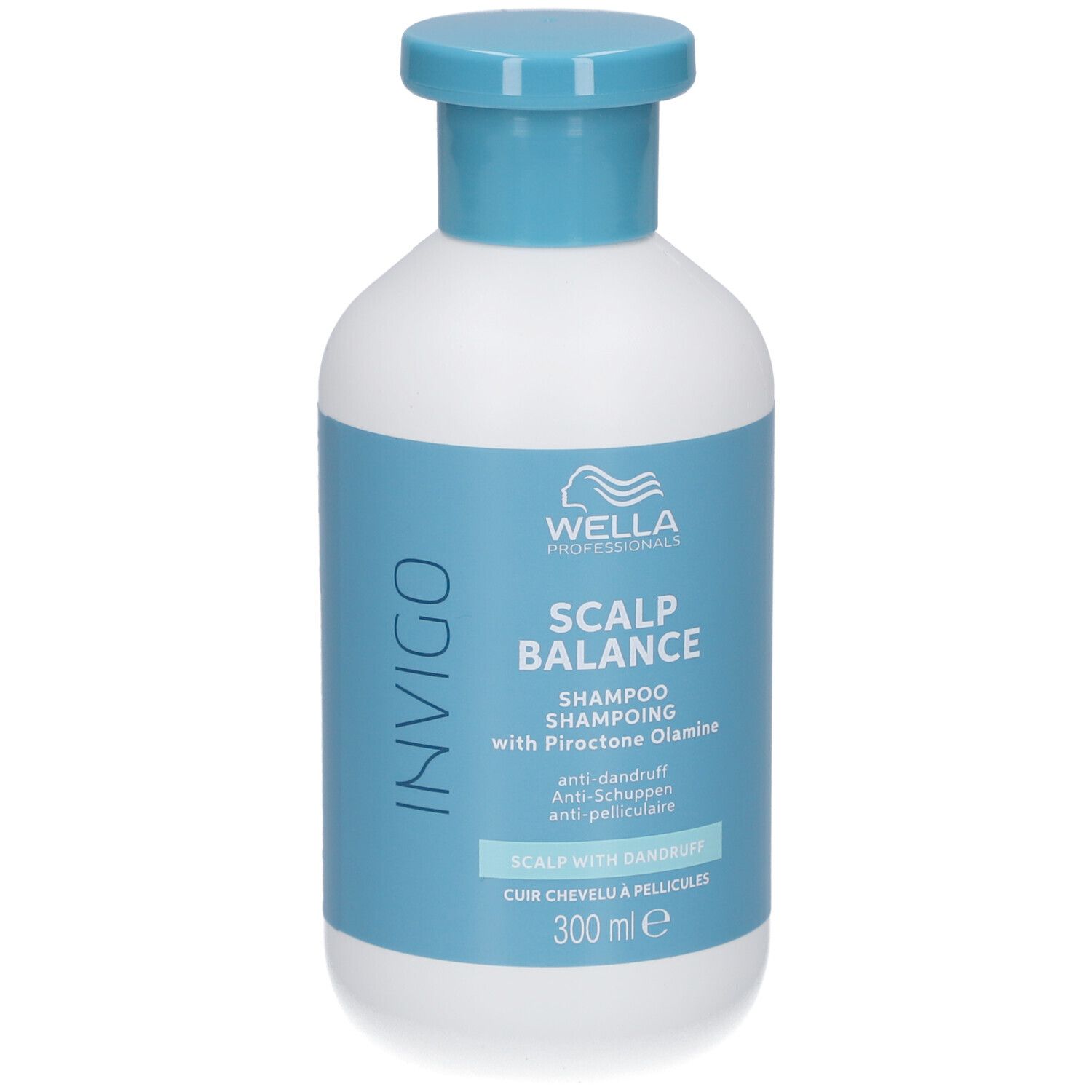Flacon blanc avec bouchon et étiquette bleus. Inscription : INVIGO, SCALP BALANCE, Shampooing, 300 ml.