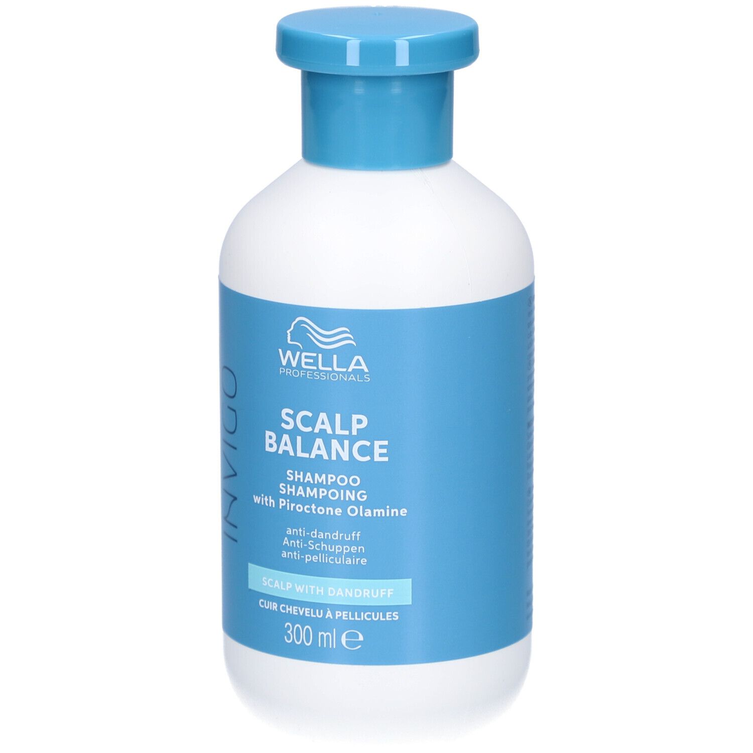 Flacon blanc avec bouchon et étiquette bleus. Inscription : INVIGO, SCALP BALANCE, Shampooing, 300 ml.
