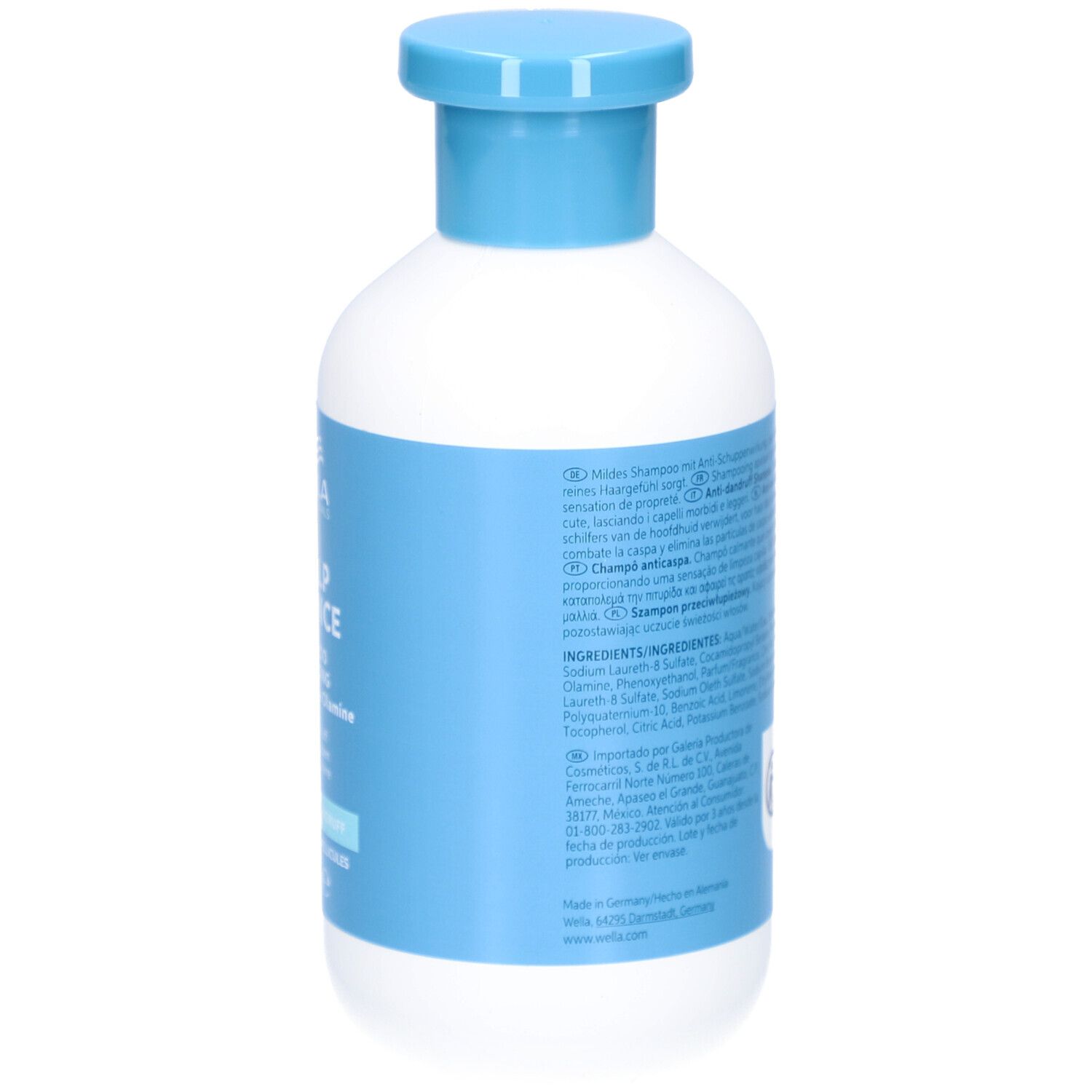 Dos d'un flacon blanc avec bouchon bleu. Texte et ingrédients. Inscription : INVIGO, SCALP BALANCE.