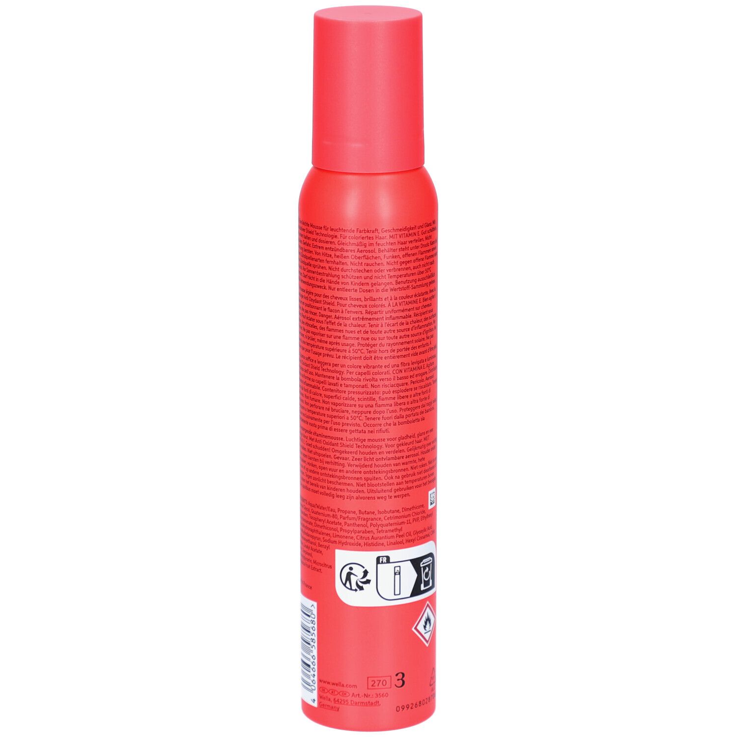 Flacon rouge, dos. Texte en petits caractères, avertissements et pictogrammes. Contient des informations d'utilisation.