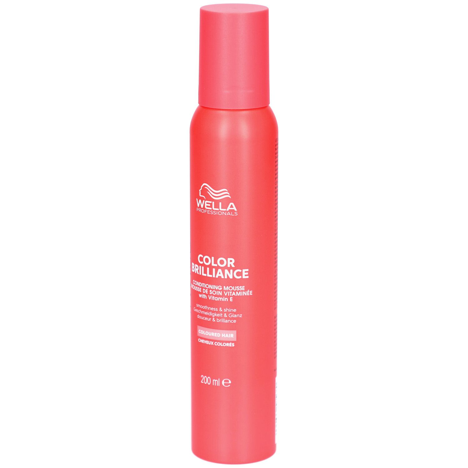 Flacon rouge avec étiquette blanche. Inscription : Wella, Color Brilliance, Mousse soin, pour cheveux colorés. 200 ml.