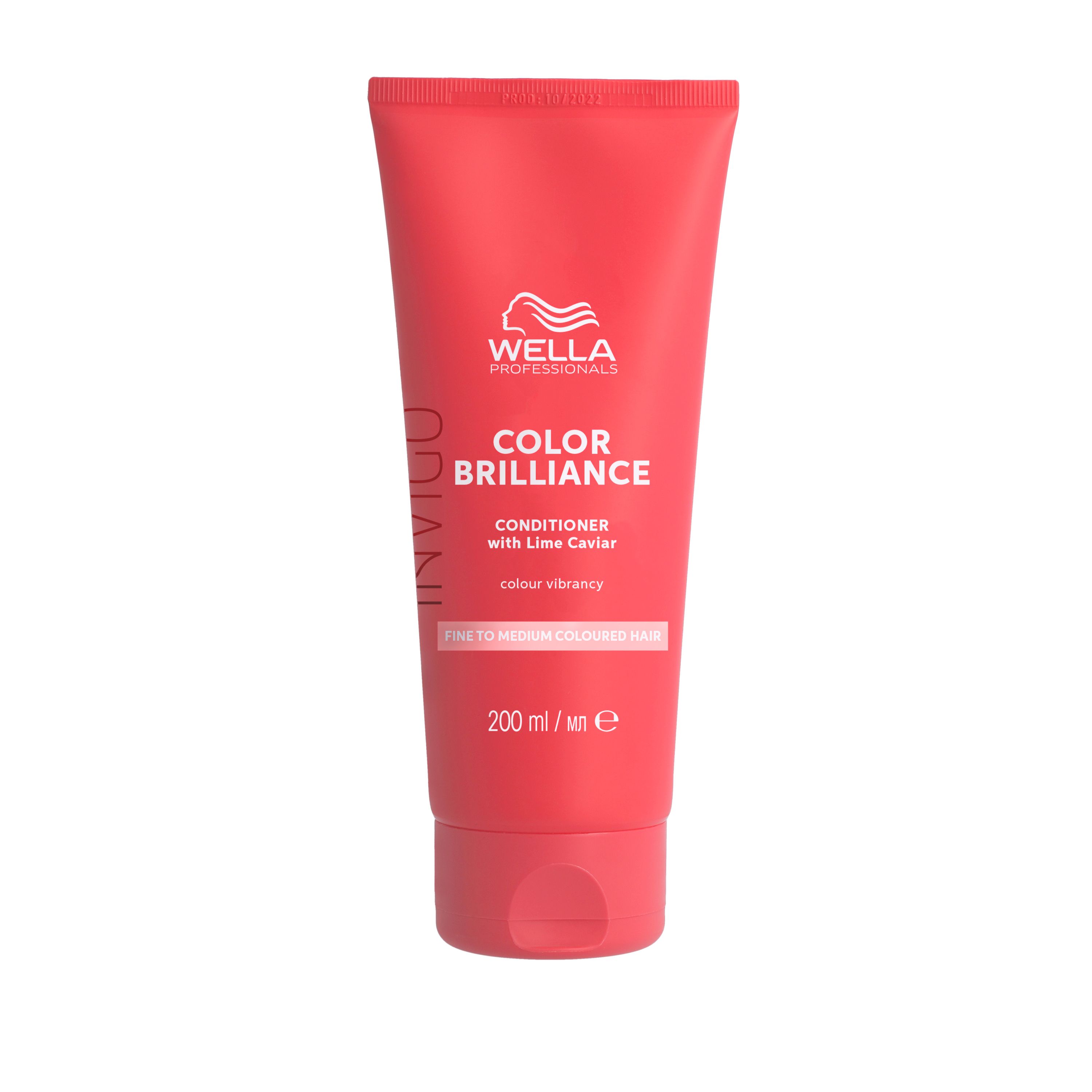 Tube rouge avec inscription INVIGO, COLOR BRILLIANCE, Conditioner. Contient 200 ml. Avec Lime Caviar. Pour cheveux colorés, fins.