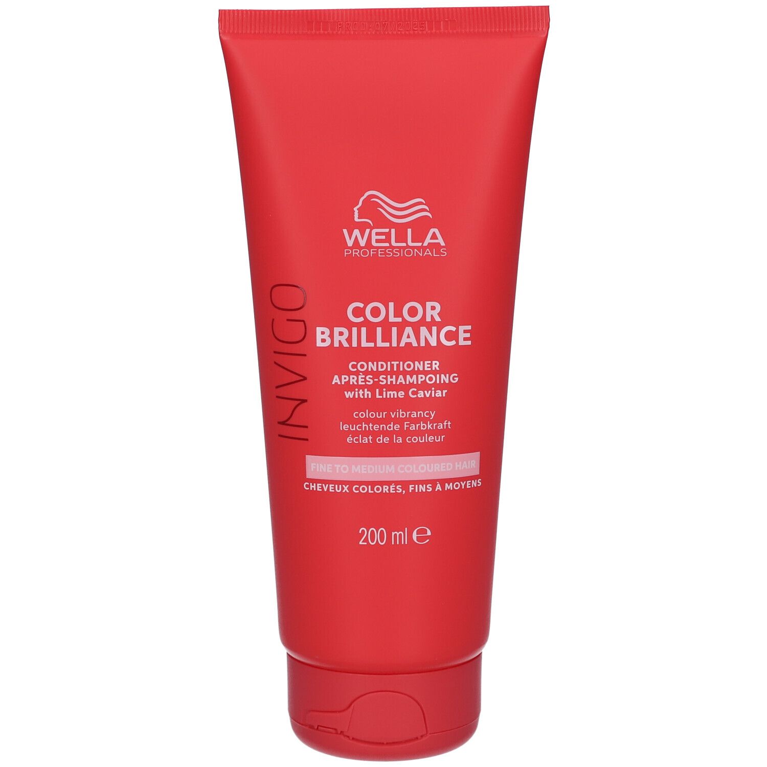 Tube rouge avec inscription INVIGO, COLOR BRILLIANCE, Conditioner. Contient 200 ml. Avec Lime Caviar. Pour cheveux colorés, fins.