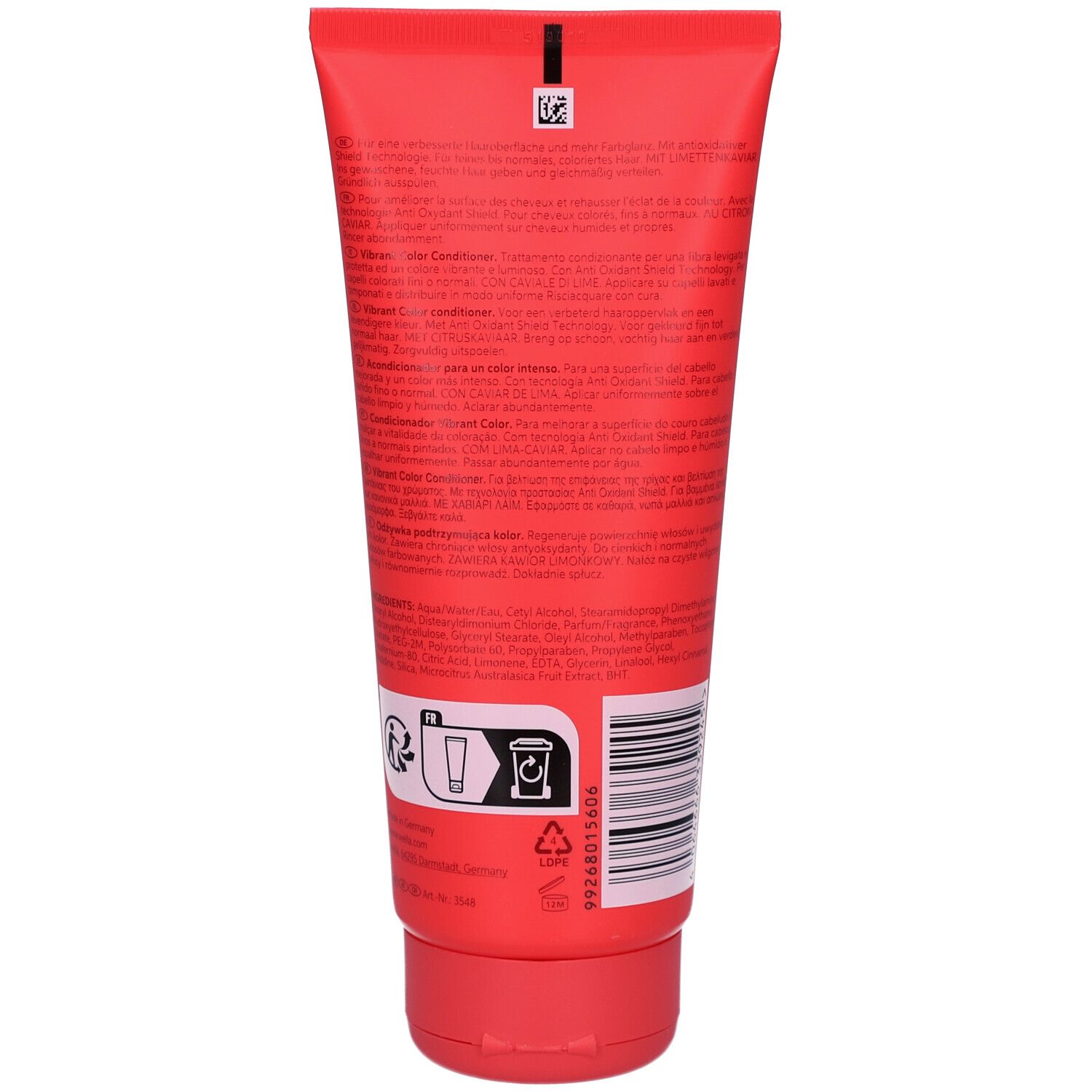 Dos d'un tube rouge. Texte en plusieurs langues. Code-barres et symbole de recyclage. Contient des informations sur le produit.