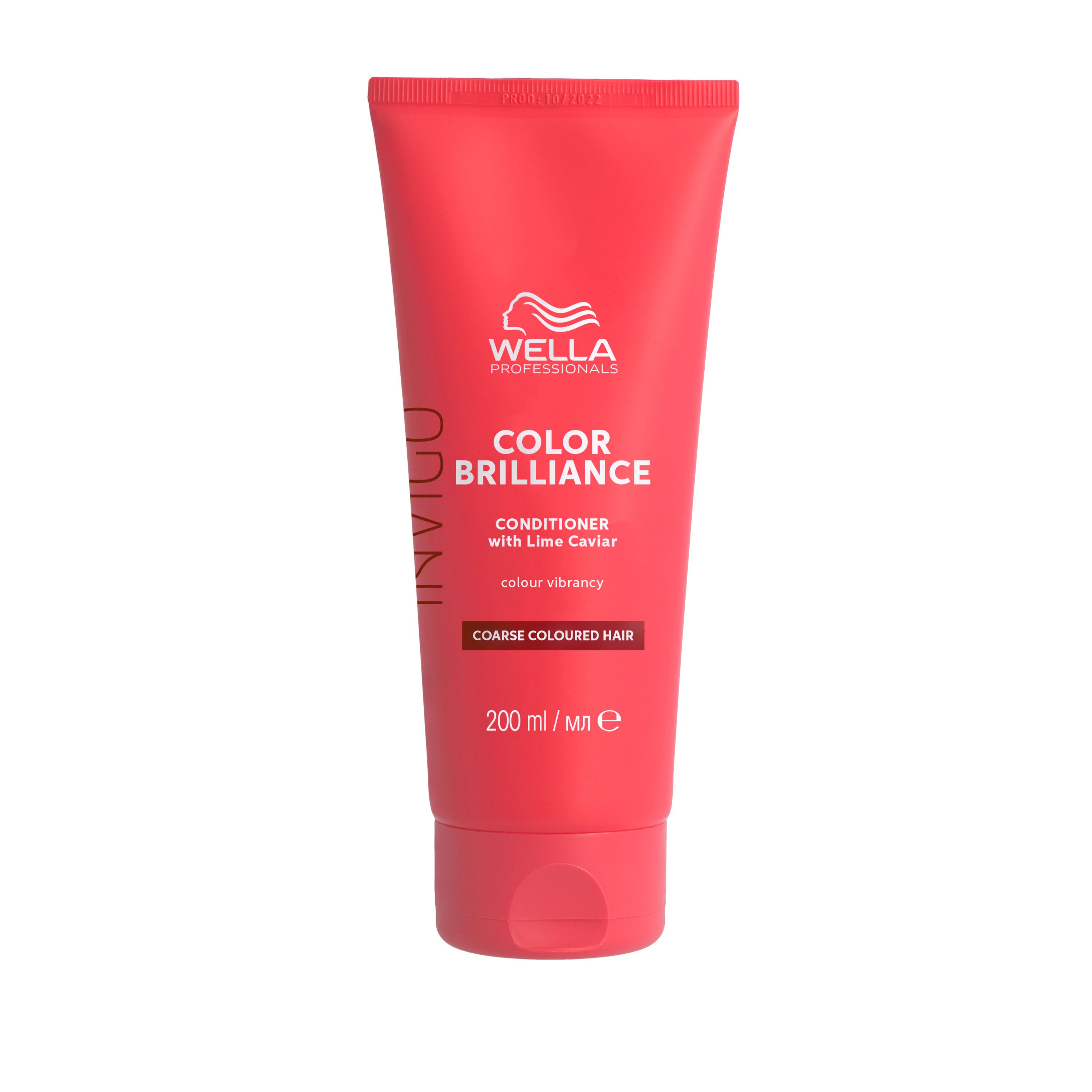 Tube rouge avec texte blanc. Wella Professionals Invigo Color Brilliance Après-Shampooing. Pour cheveux colorés épais. 200 ml.