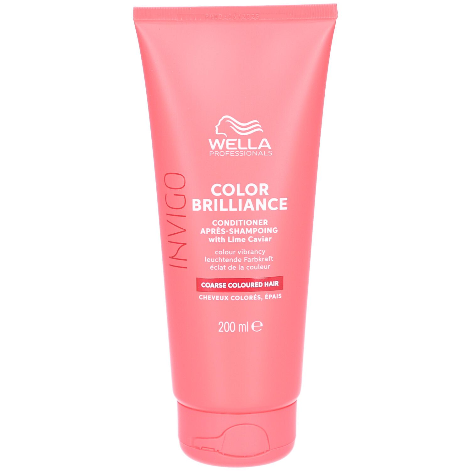 Tube rose avec texte blanc. Wella Professionals Invigo Color Brilliance Après-Shampooing. Pour cheveux colorés épais. 200 ml.