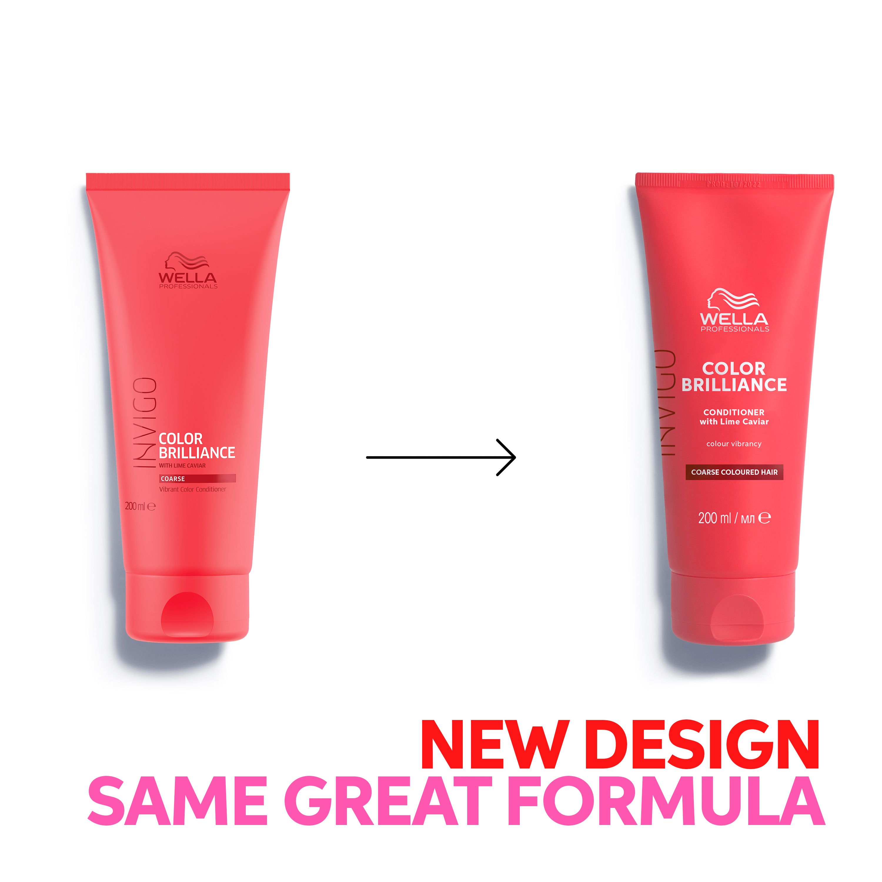 Comparaison de deux tubes. Gauche : tube rose. Droite : tube rouge. Texte : Nouveau design, même formule.