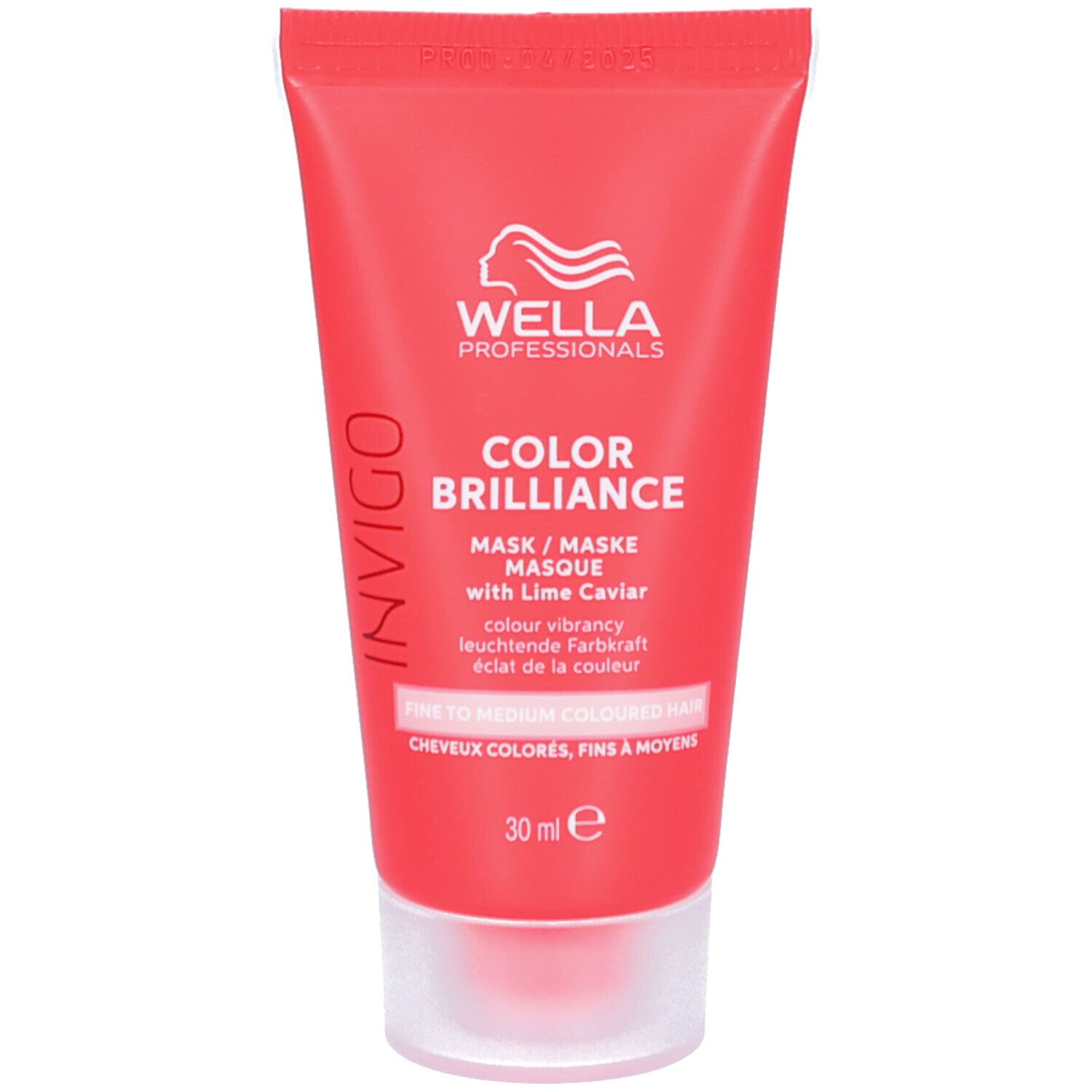 Tube rouge avec logo et nom du produit. Texte: Color Brilliance, masque avec caviar de citron vert. Pour cheveux colorés et fins.