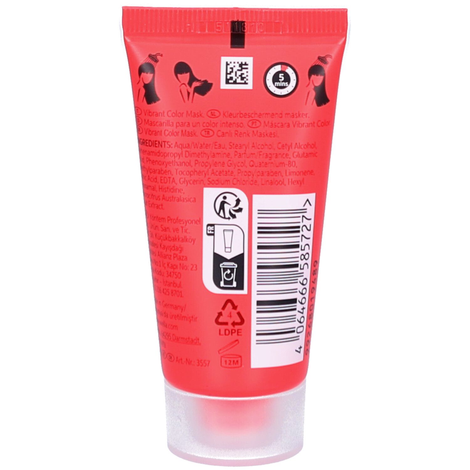 Dos du tube rouge. Texte: Vibrant Color Mask, ingrédients, code QR, symboles de recyclage, code-barres.