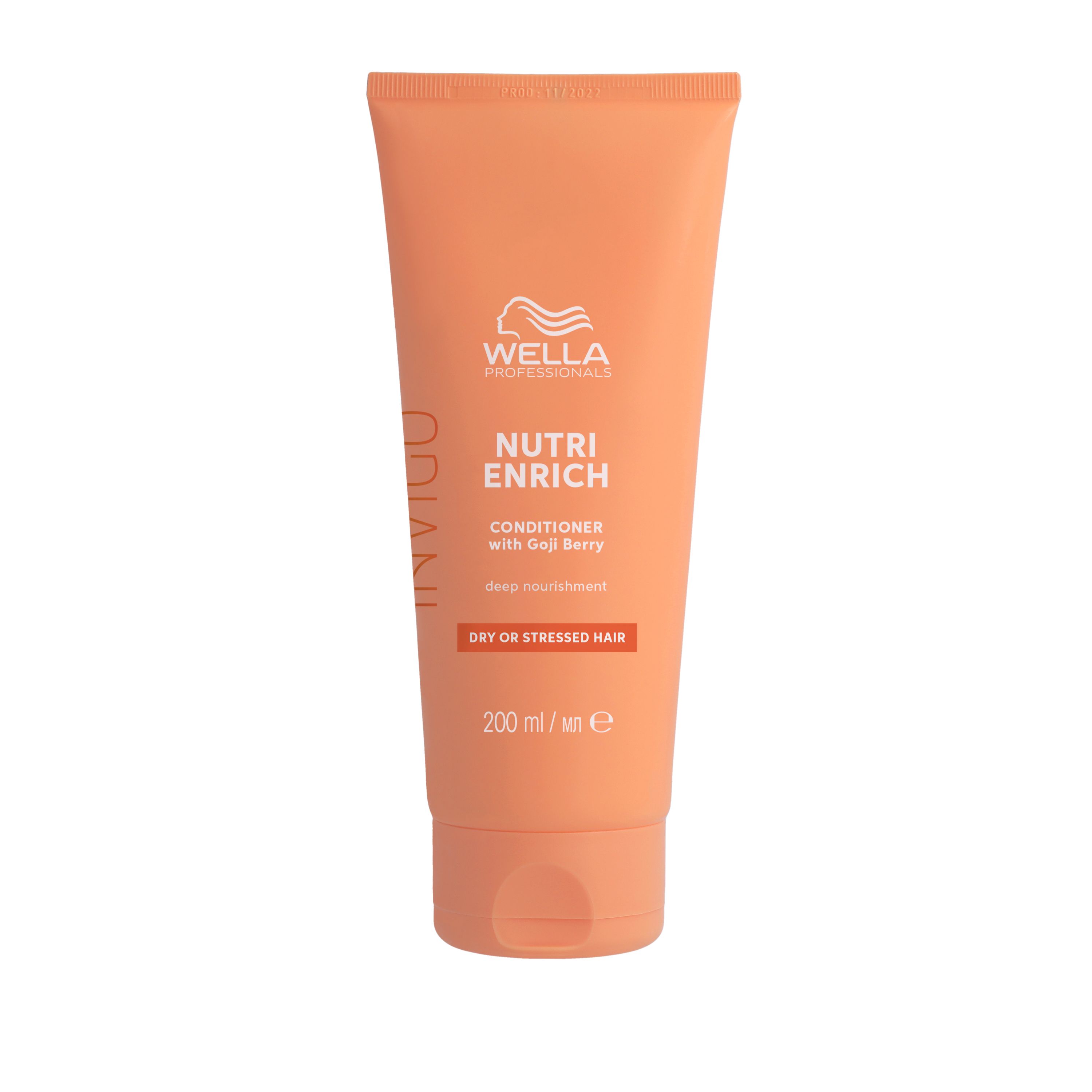 Tube orange Wella Invigo Nutri-Enrich. Texte: Invigo, Nutri-Enrich, Après-shampooing, Cheveux Secs. 200 ml. Logo Wella.
