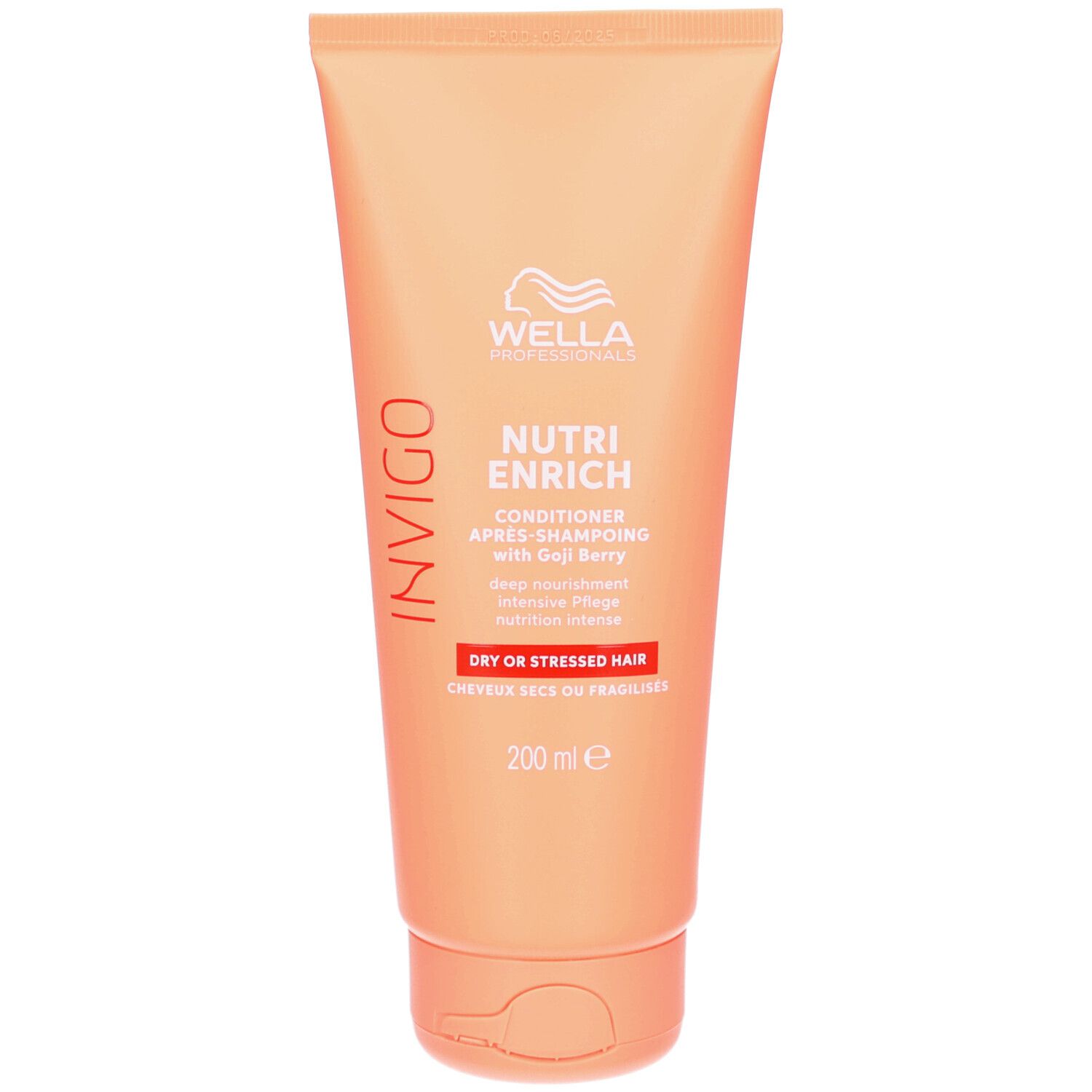 Tube orange Wella Invigo Nutri-Enrich. Texte: Invigo, Nutri-Enrich, Après-shampooing, Cheveux Secs. 200 ml. Marque et logo Wella. 