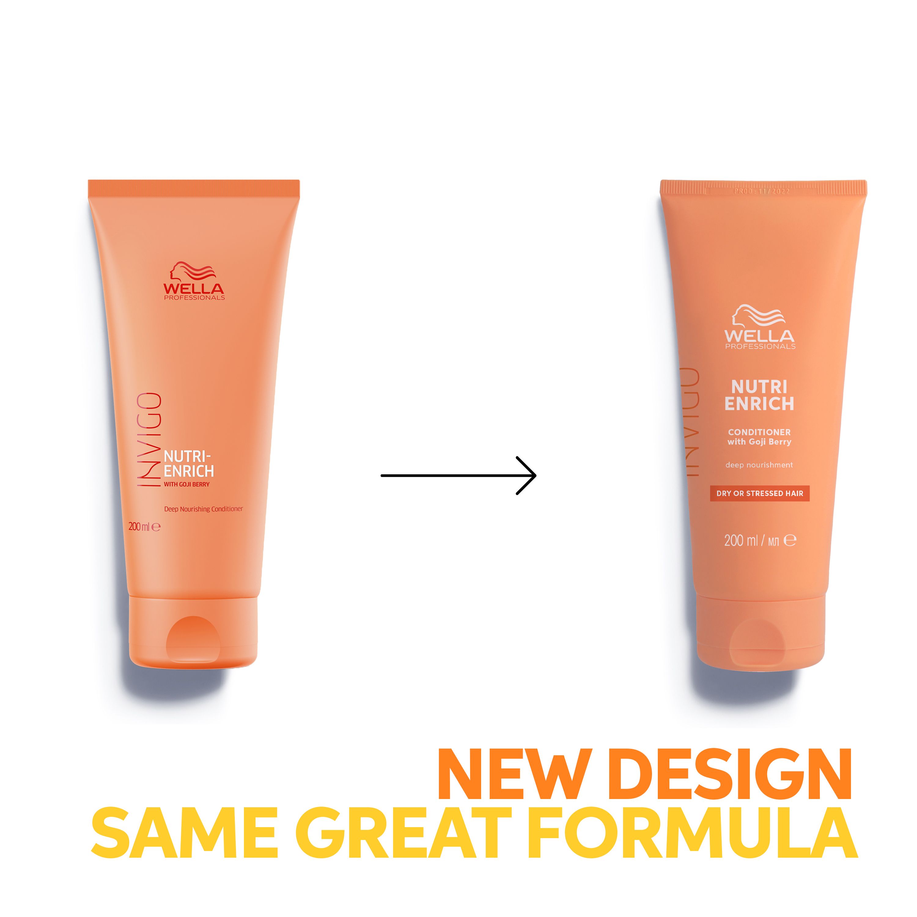 Comparaison de deux tubes Wella Invigo Nutri-Enrich. Gauche : ancien design. Droite : nouveau design. Texte : New Design, Same Great Formula.