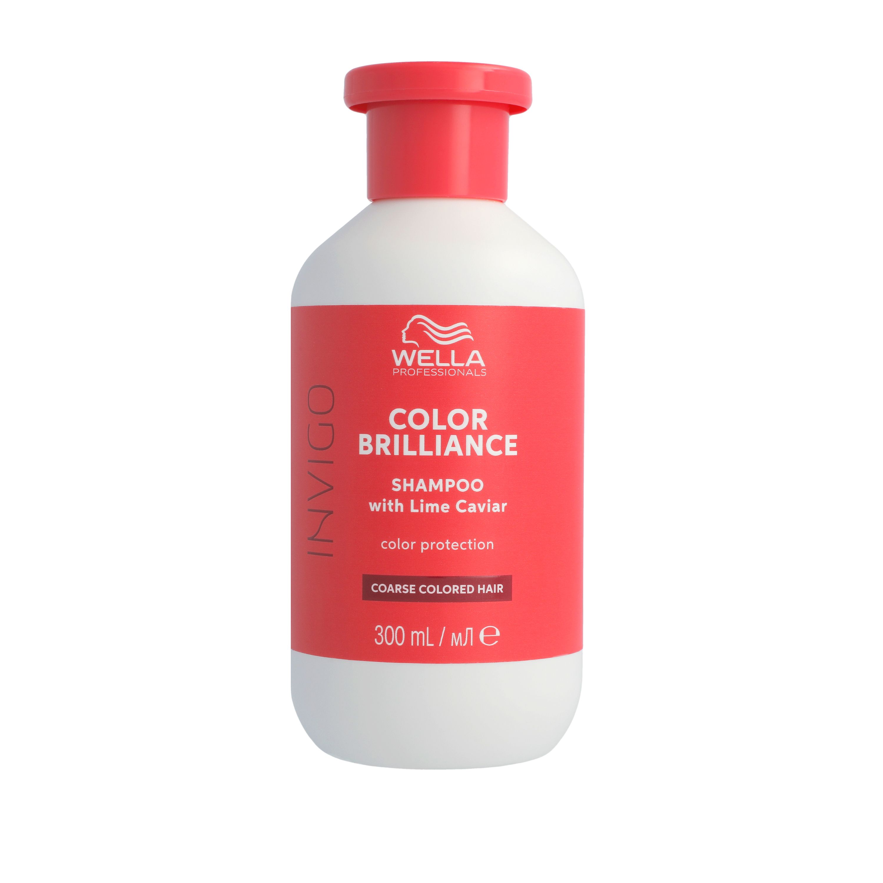 Flacon blanc à bouchon rouge et étiquette. Inscription: Wella Invigo Color Brilliance Shampoo. Pour cheveux épais colorés.