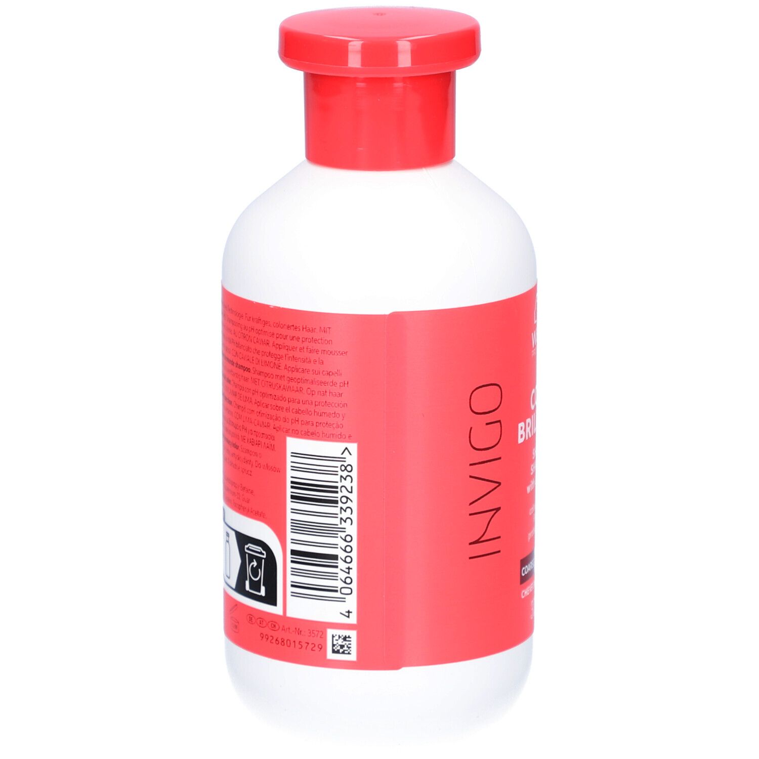 Dos du flacon blanc à bouchon rouge. Étiquette avec texte et code-barres. Informations et ingrédients du produit.