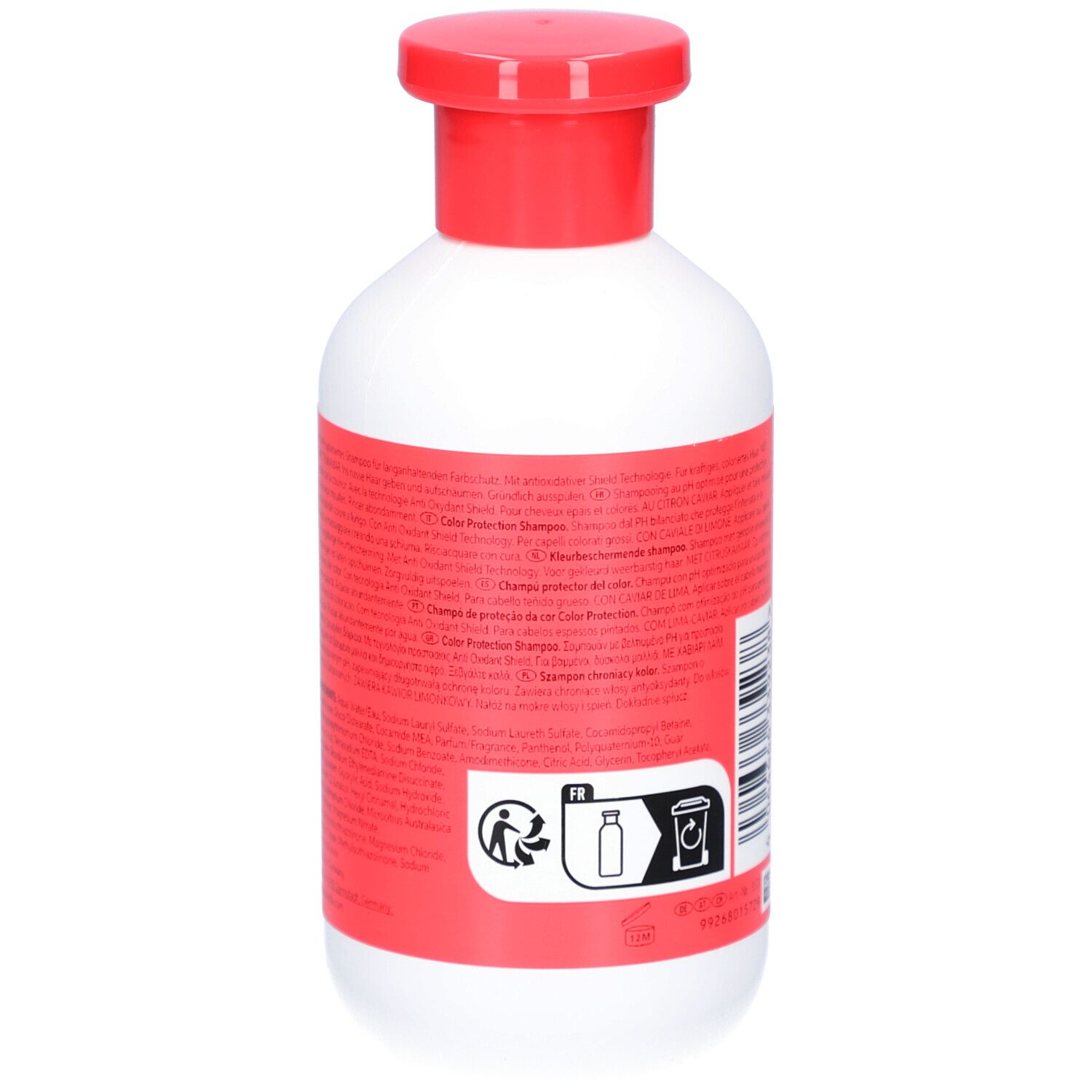 Dos du flacon blanc à bouchon rouge. Étiquette avec texte et symboles de recyclage. Informations sur le produit.