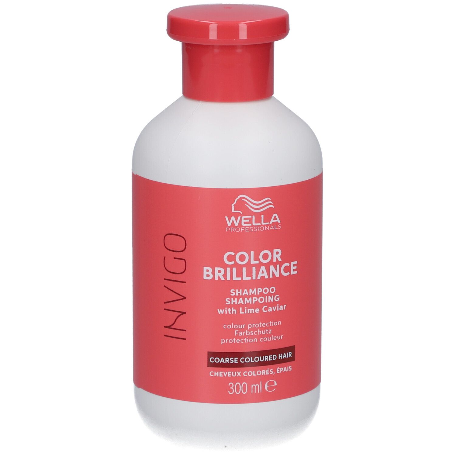 Flacon blanc à bouchon rouge et étiquette. Inscription: Wella Invigo Color Brilliance Shampoo. Pour cheveux épais colorés.