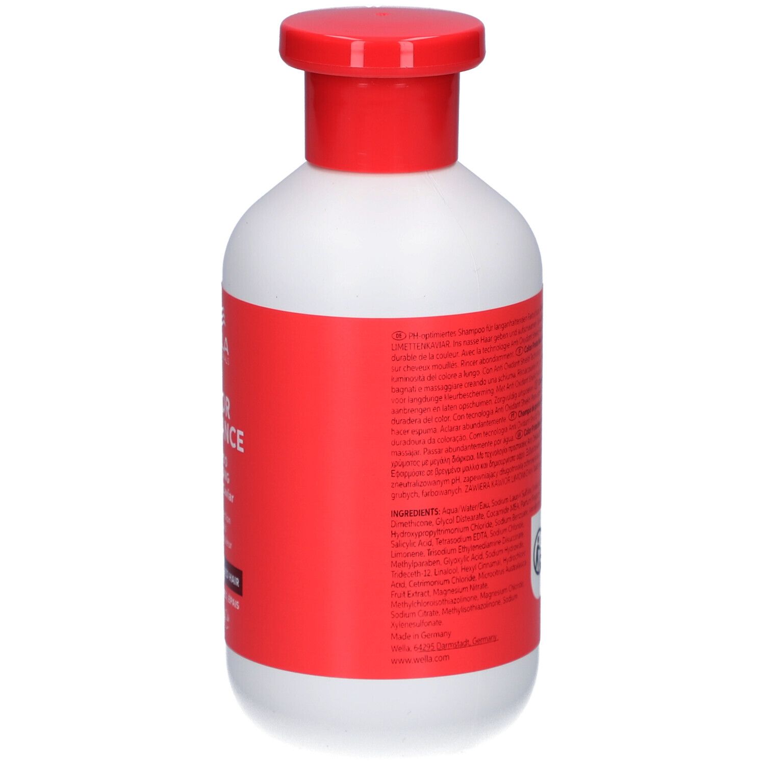 Dos du flacon blanc à bouchon rouge. Étiquette avec texte. Informations et ingrédients du produit.