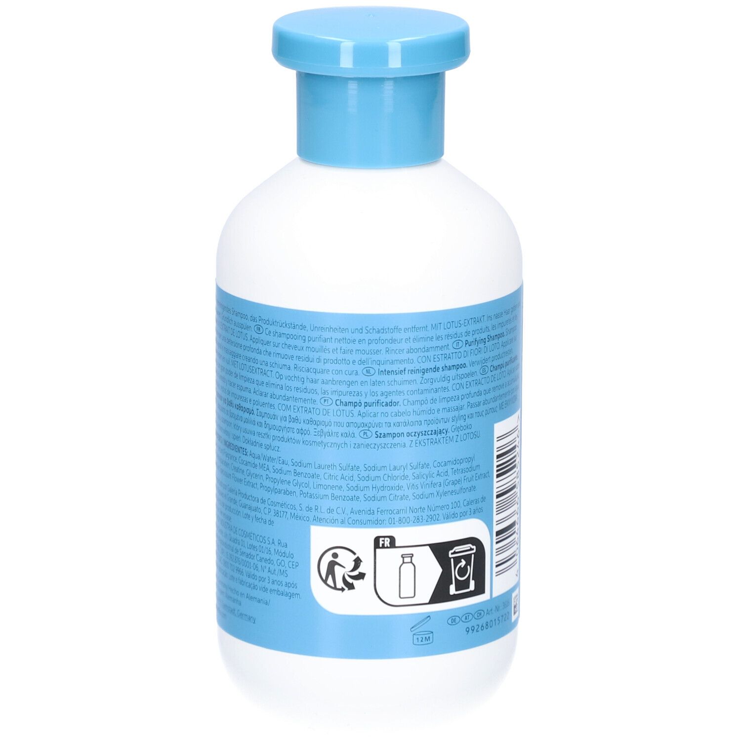 Dos du flacon blanc avec étiquette bleue. Informations textuelles, ingrédients et symboles de recyclage. Shampooing INVIGO.