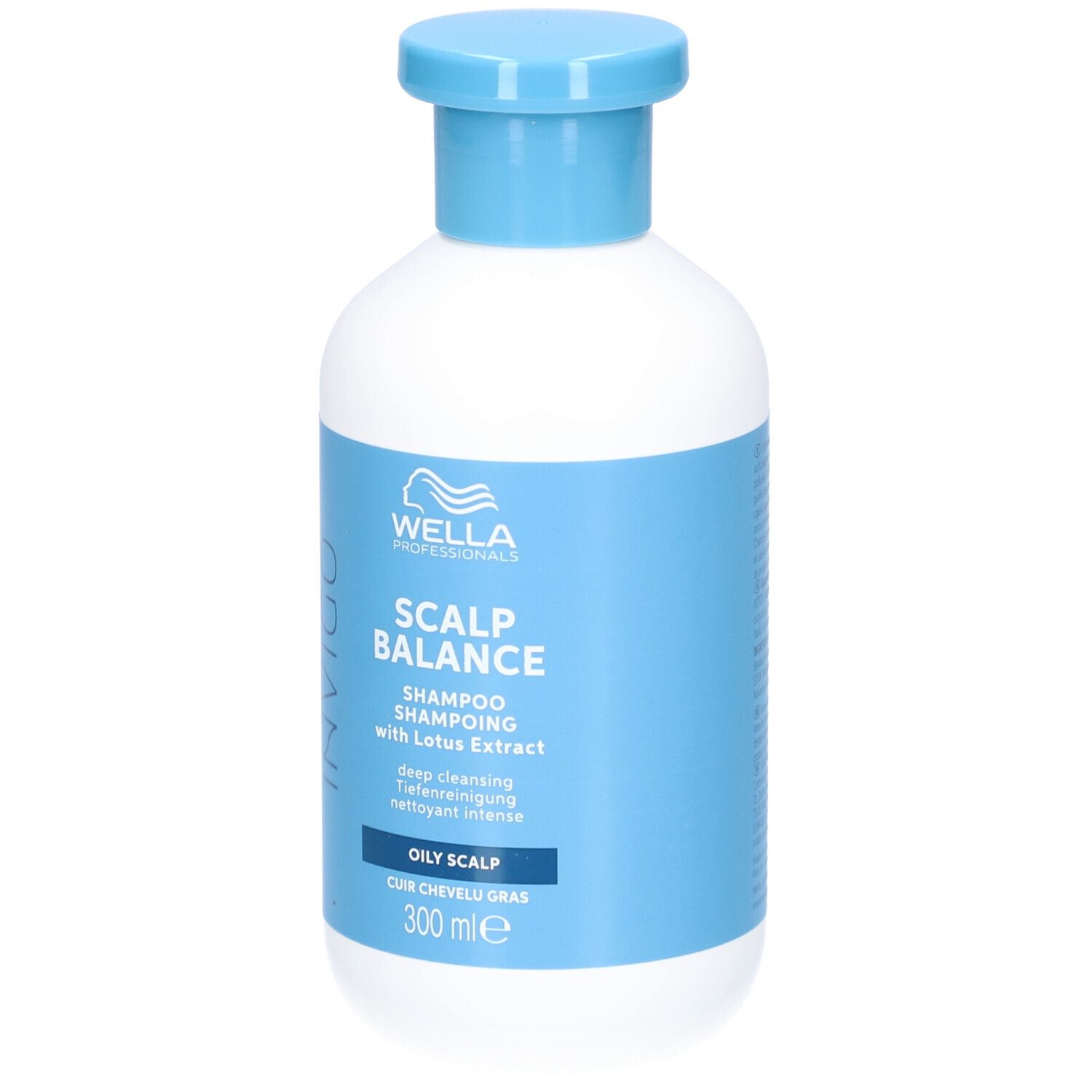 Flacon blanc, bouchon et étiquette bleus. Inscription : INVIGO, SCALP BALANCE, Shampooing, 300 ml. Pour cuir chevelu gras.