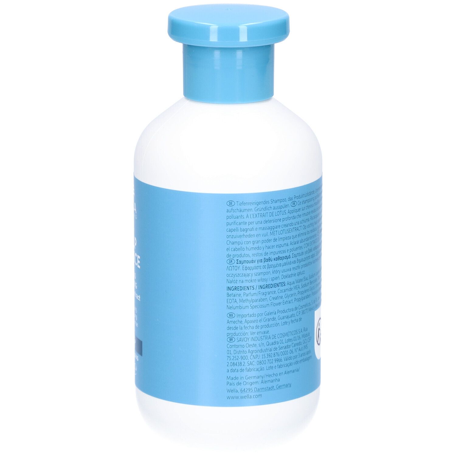 Dos du flacon blanc avec étiquette bleue. Informations textuelles, ingrédients. Shampooing INVIGO SCALP BALANCE.